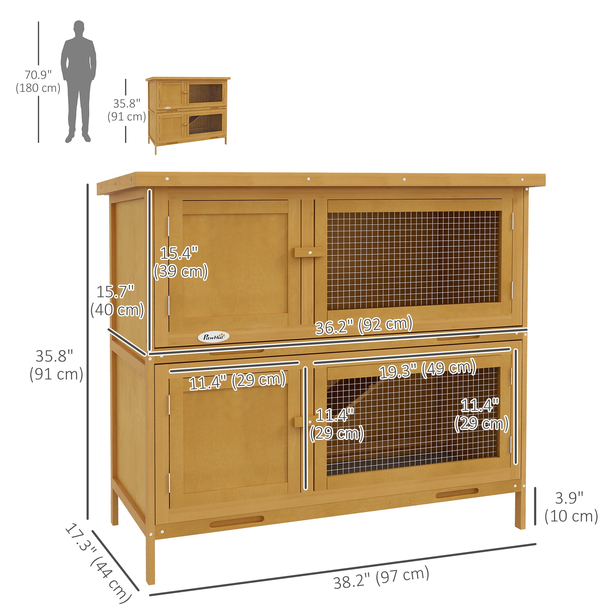 Rabbit Hutch, Wooden 2 Tier Bunny Guinea Pig Cage with Openable Top, Slide-out Tray, Ramp, Asphalt Roof, for 2 Rabbits Outdoor Backyard Use, Yellow