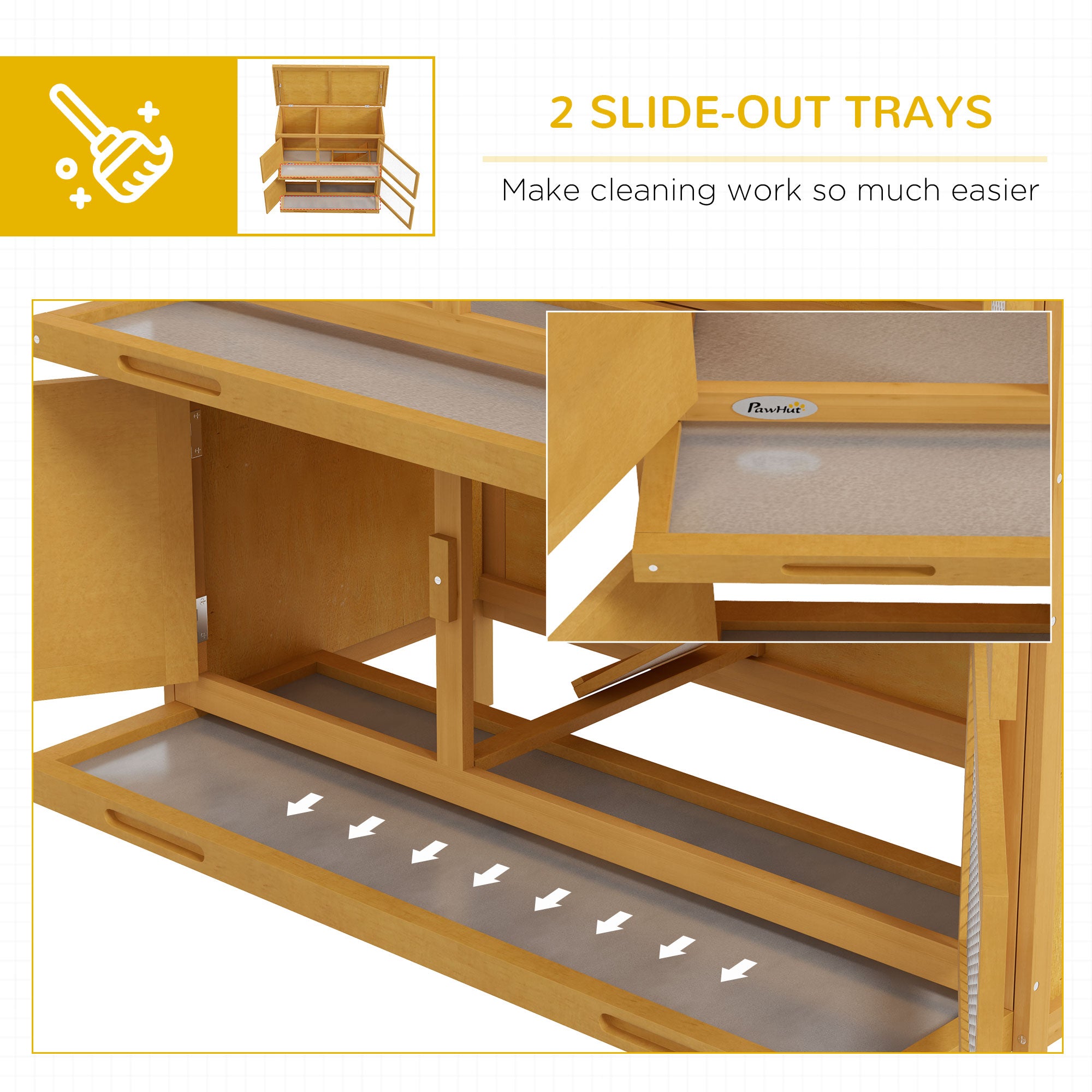 Rabbit Hutch, Wooden 2 Tier Bunny Guinea Pig Cage with Openable Top, Slide-out Tray, Ramp, Asphalt Roof, for 2 Rabbits Outdoor Backyard Use, Yellow