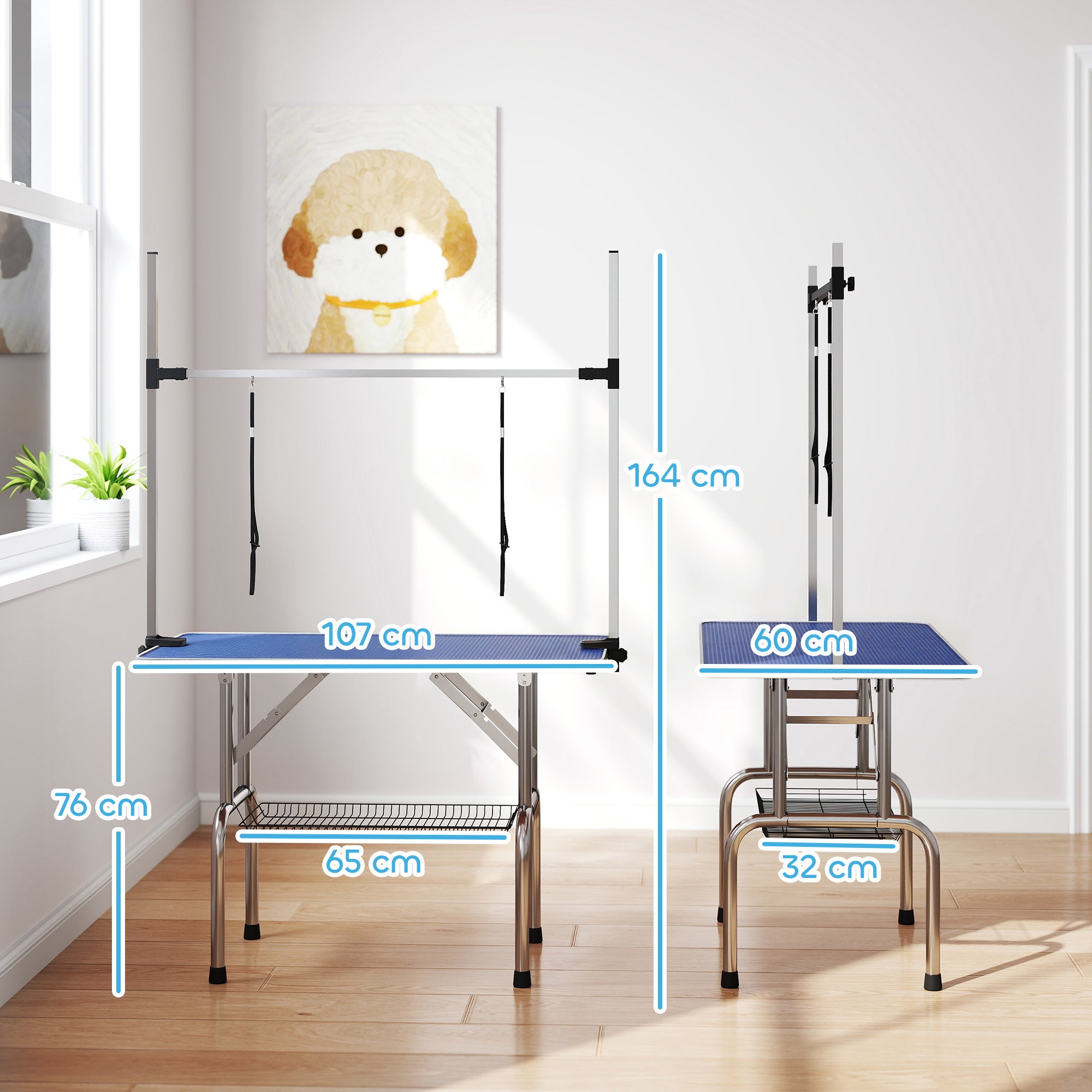 42" Foldable Dog Grooming Table Adjustable Pet Cat Drying Beauty Table Rubber Top with 2 Loops Storage Basket Metal Blue