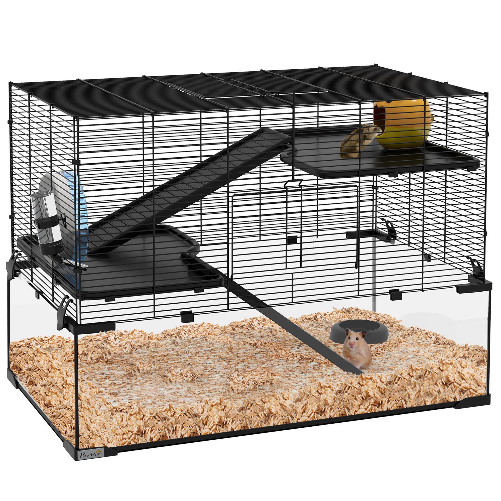 3 Tiers Hamster Cage, Gerbil Cage with Deep Glass Bottom, Non-Slip Ramps, Platforms, Hut, Exercise Wheels, Water Bottle, Dish, for Syrian Hamster, Dwarf Hamster, 78.5 x 48.5 x 57cm