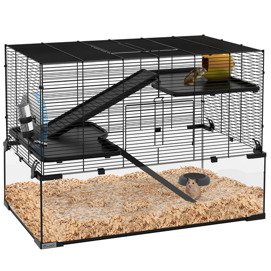 PawHut Large Hamster Cage with Deep Tempered Glass Bottom, 3 Tiers Hamster Tank with Running Wheel, Hut, Water Bottle, Dish, Rat Cage for Syrian, Dwarf, Gerbils, Mouse, 31" x 19" x 22.5", Black