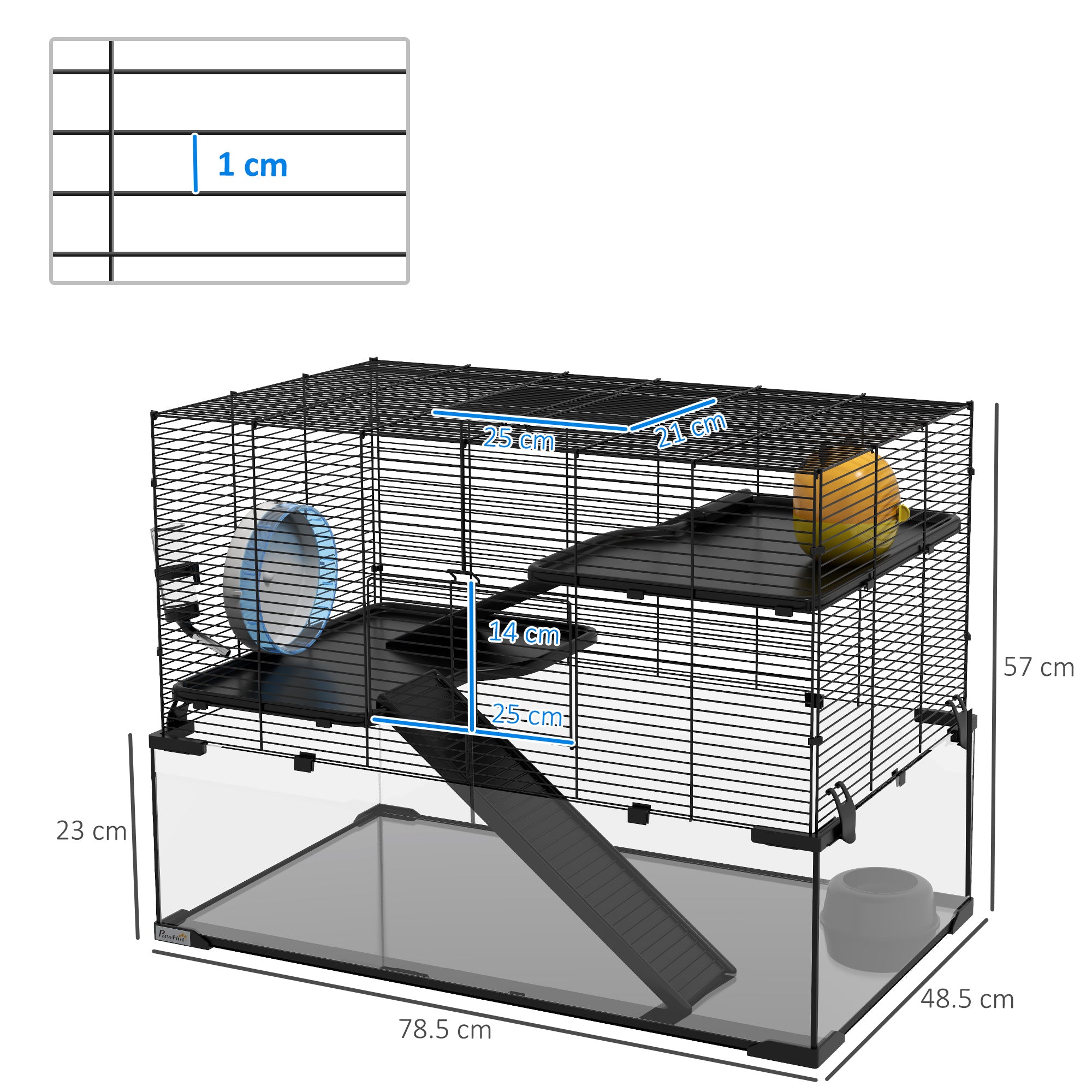 3 Tiers Hamster Cage, Gerbil Cage with Deep Glass Bottom, Non-Slip Ramps, Platforms, Hut, Exercise Wheels, Water Bottle, Dish, for Syrian Hamster, Dwarf Hamster, 78.5 x 48.5 x 57cm