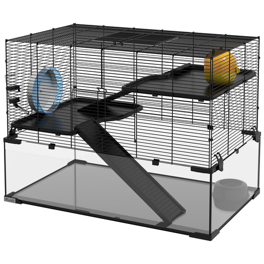 PawHut Large Hamster Cage with Deep Tempered Glass Bottom, 3 Tiers Hamster Tank with Running Wheel, Hut, Water Bottle, Dish, Rat Cage for Syrian, Dwarf, Gerbils, Mouse, 31" x 19" x 22.5", Black