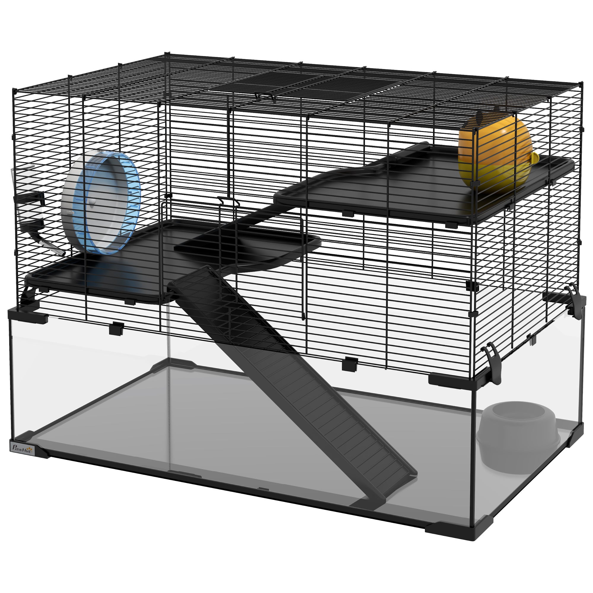 3 Tiers Hamster Cage, Gerbil Cage with Deep Glass Bottom, Non-Slip Ramps, Platforms, Hut, Exercise Wheels, Water Bottle, Dish, for Syrian Hamster, Dwarf Hamster, 78.5 x 48.5 x 57cm