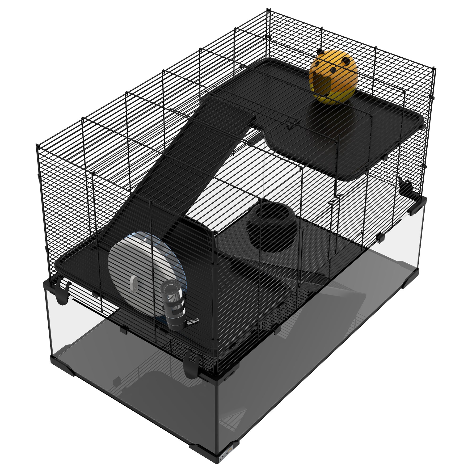 Hamster Cage, Gerbil Cage with Glass Basin, Ramps, Platforms, Hut, Exercise Wheel, Water Bottle, Dish, for Syrian and Dwarf Hamsters, 31" x 19" x 21.5"