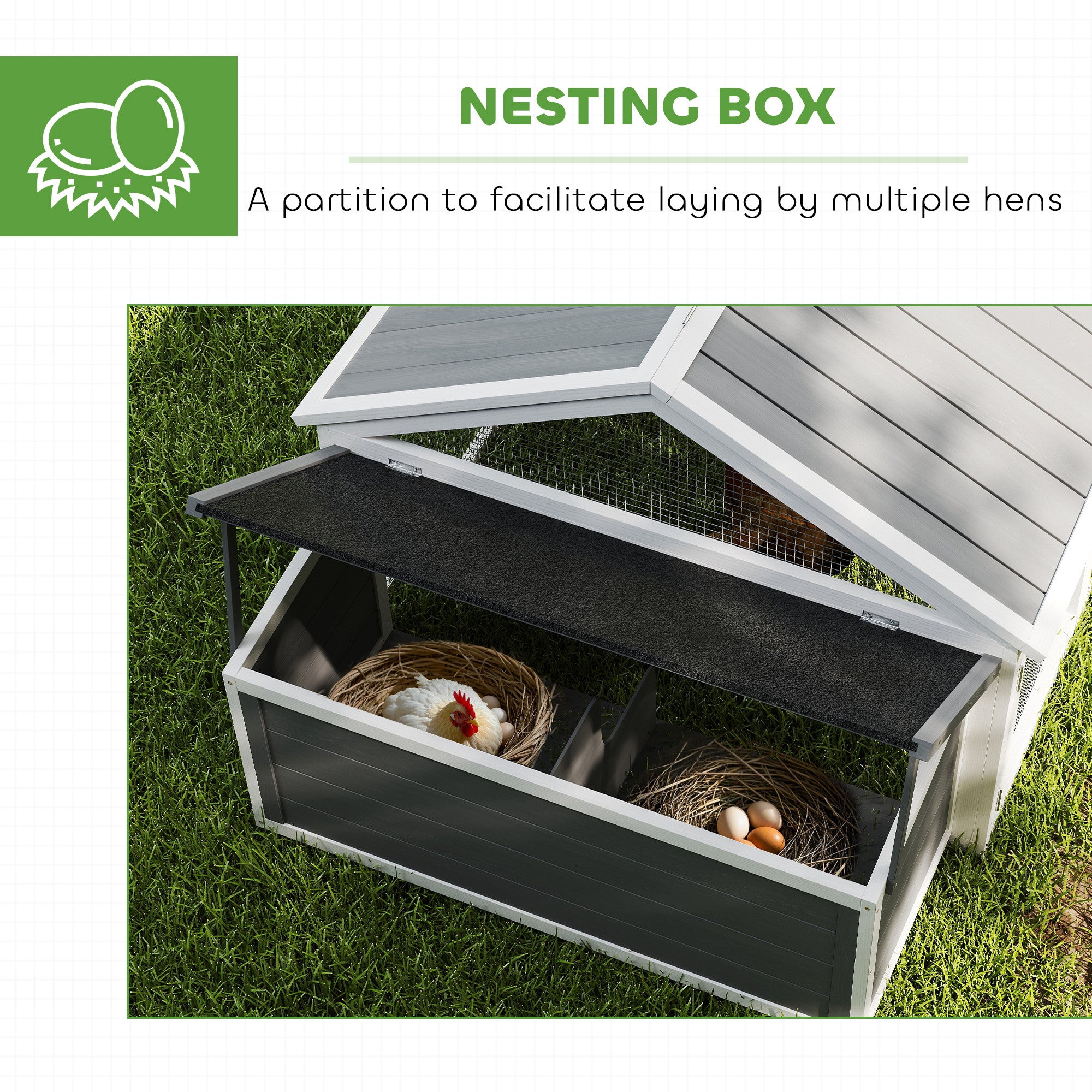 95"L Large Chicken Run, Wooden Chicken Coop with Nesting Box, Lift-up Top, Side Door and Wooden Roof, Poultry Cage for Outdoor, for 4 to 8 Chickens, Rabbits, Ducks, White