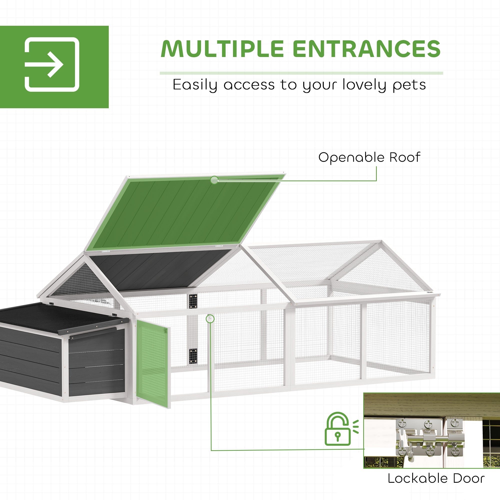 95"L Large Chicken Run, Wooden Chicken Coop with Nesting Box, Lift-up Top, Side Door and Wooden Roof, Poultry Cage for Outdoor, for 4 to 8 Chickens, Rabbits, Ducks, White