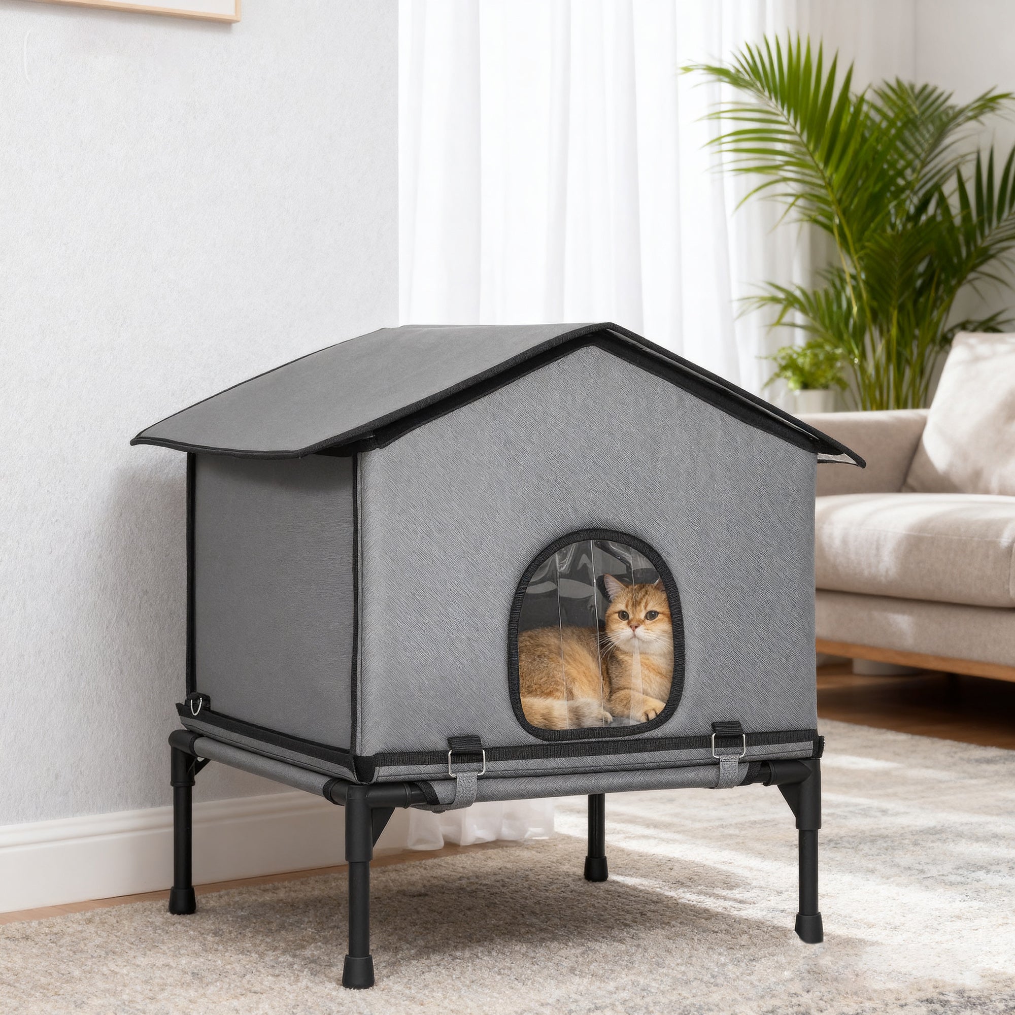 Outdoor Cat House, Waterproof Insulated Cat Kennel with Elevated Base, Cushion, Foldable Feral Kitty Shelter for Indoor Outdoor Kittens, Grey