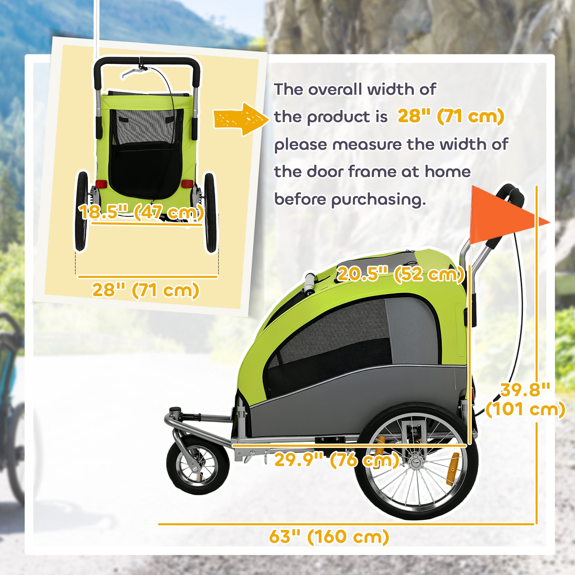 Dog Bike Trailer, 2 in 1 Pet Stroller Cart Bicycle Carrier, Folding Cart Frame with Suspension, Universal Bicycle Coupler, Reflectors, Flag, Green
