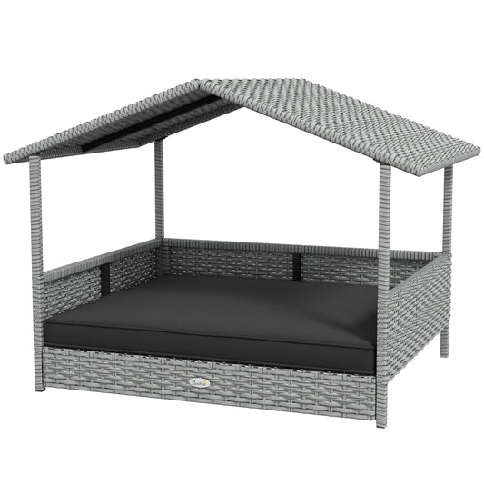 PawHut Wicker Dog House Outdoor with Canopy, Rattan Dog Bed with Water-resistant Cushion, Raised Dog Bed for Small, Medium Dogs up to 66 lbs, 19.75" in Length, Silver Wicker, Gray Cushion