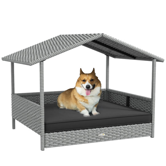 PawHut Wicker Dog House Outdoor with Canopy, Rattan Dog Bed with Water-resistant Cushion, Raised Dog Bed for Small, Medium Dogs up to 66 lbs, 19.75" in Length, Silver Wicker, Gray Cushion
