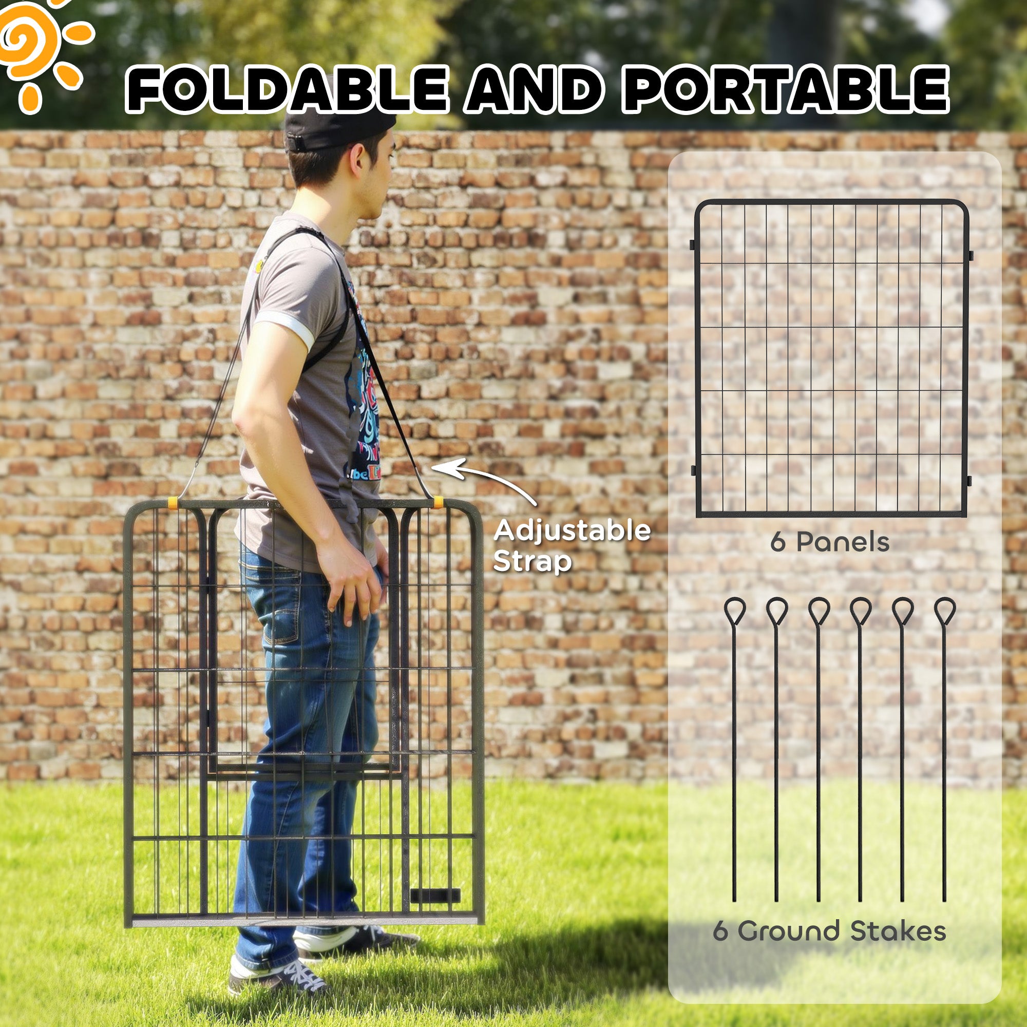 6 Panels Dog Playpen, 27"W x 31.5"H Heavy Duty Pet Fence with Door & Strap for Indoor Outdoor Backyard Garden, Portable & Foldable Puppy Pet Pen for Medium Dogs
