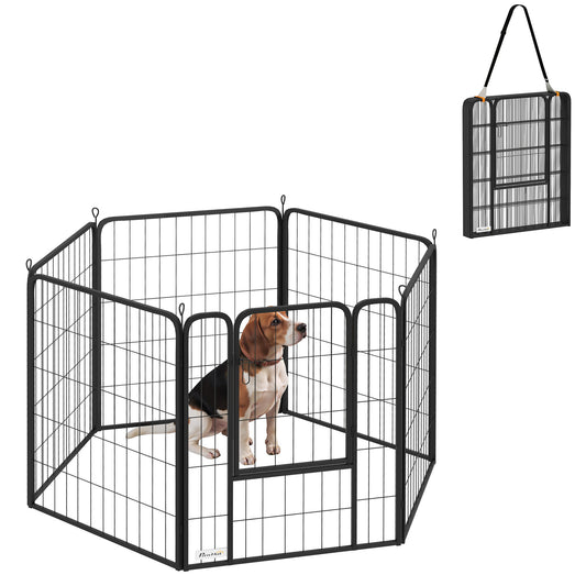 6 Panels Dog Playpen, 27"W x 31.5"H Heavy Duty Pet Fence with Door & Strap for Indoor Outdoor Backyard Garden, Portable & Foldable Puppy Pet Pen for Medium Dogs
