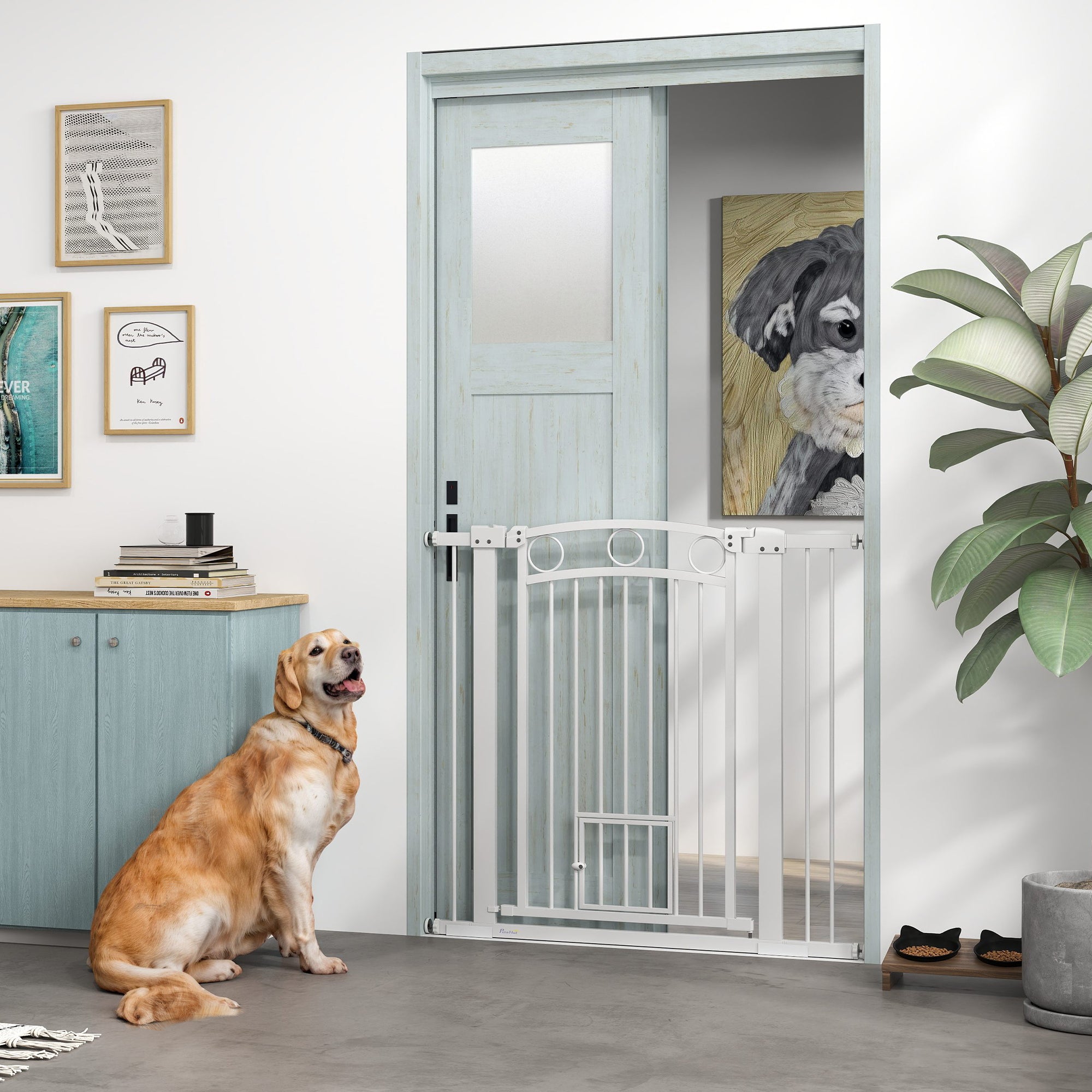 Dog Gate, 38" Extra Tall Pet Gate with Cat Door, Includes 2.8" and 5.5" Extension Kits, Pressure Mounted Stair Gate for Doorways, Hallways, Stairways, 30"-41" Width