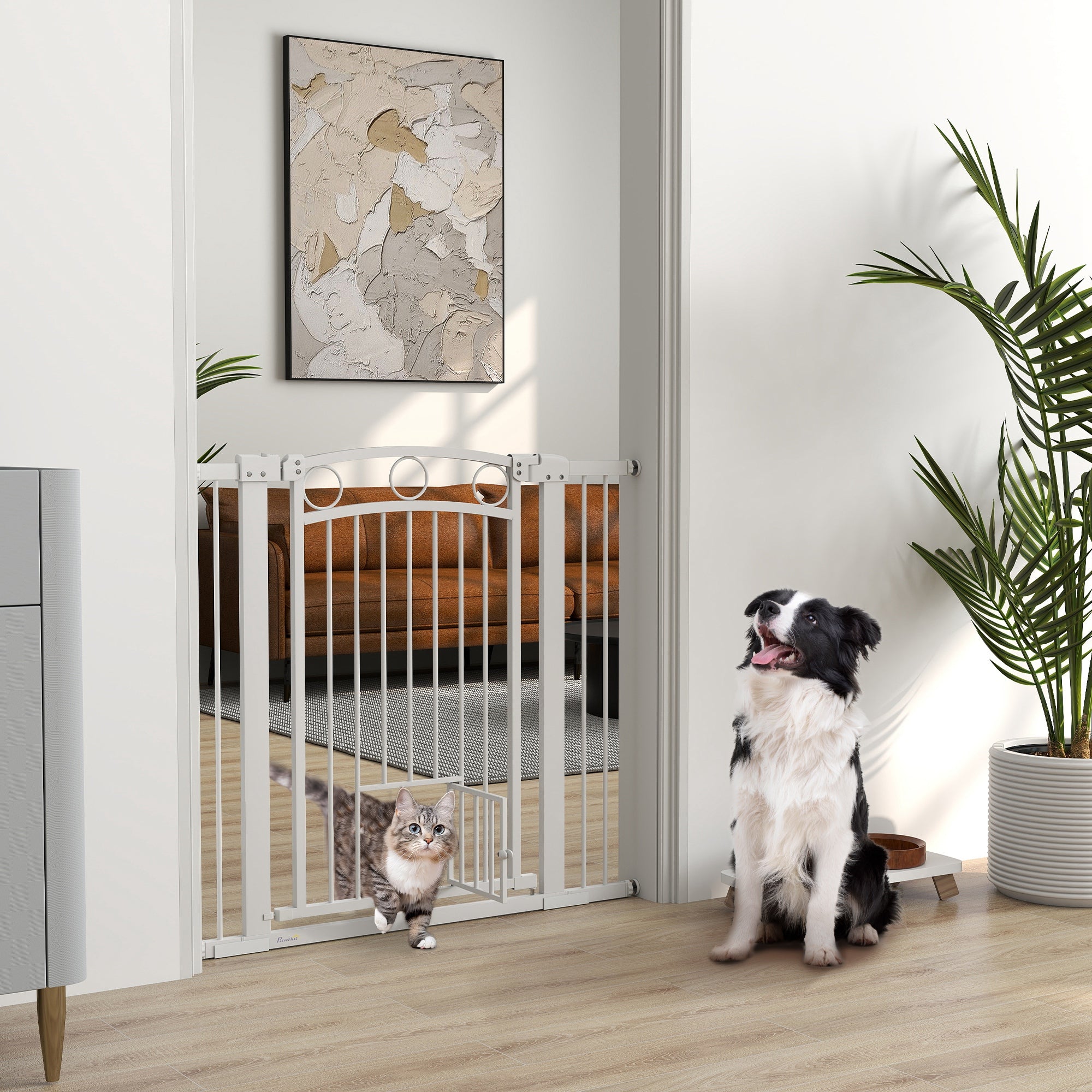 Dog Gate, 38" Extra Tall Pet Gate with Cat Door, Includes 2.8" and 5.5" Extension Kits, Pressure Mounted Stair Gate for Doorways, Hallways, Stairways, 30"-41" Width