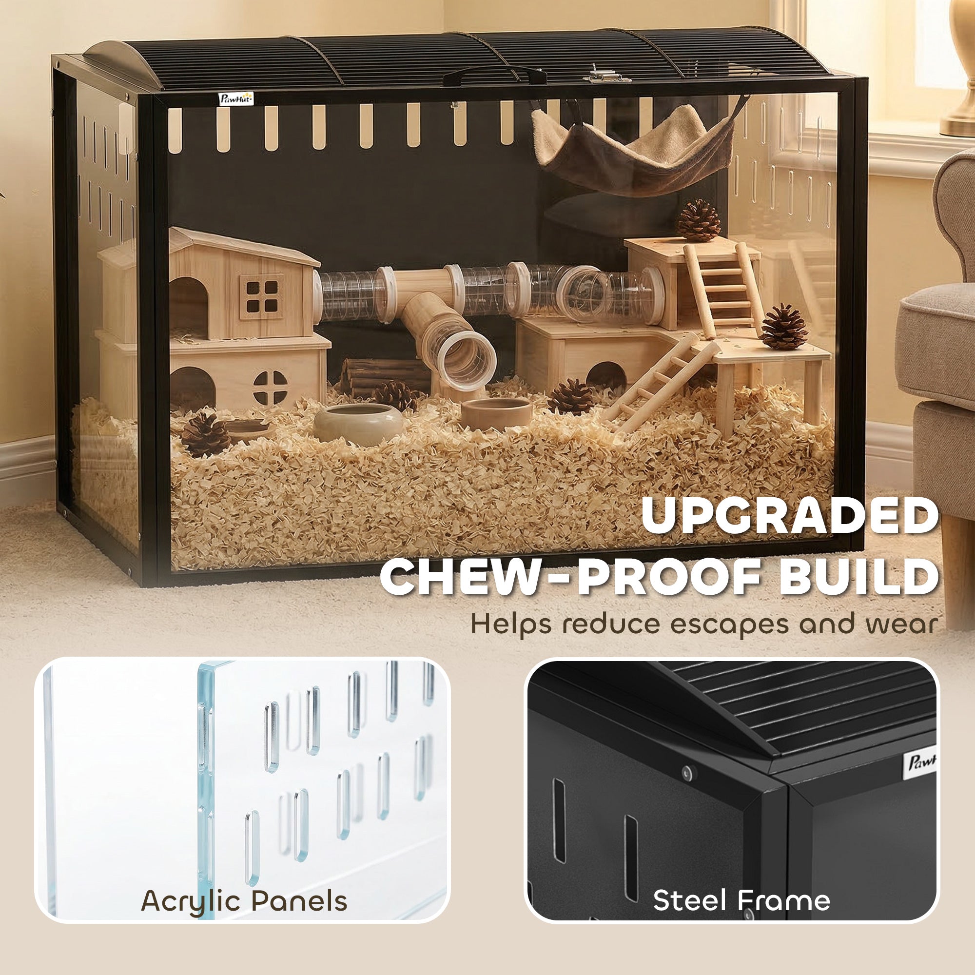 Hamster Cage Steel Frame Chewproof, Large Rat Cage with Openable Top, Deep Burrow, Transparent Small Animal Habitat for Dwarf Syrian Hamster, Gerbil, Rats, 81L x 51W x 53H cm
