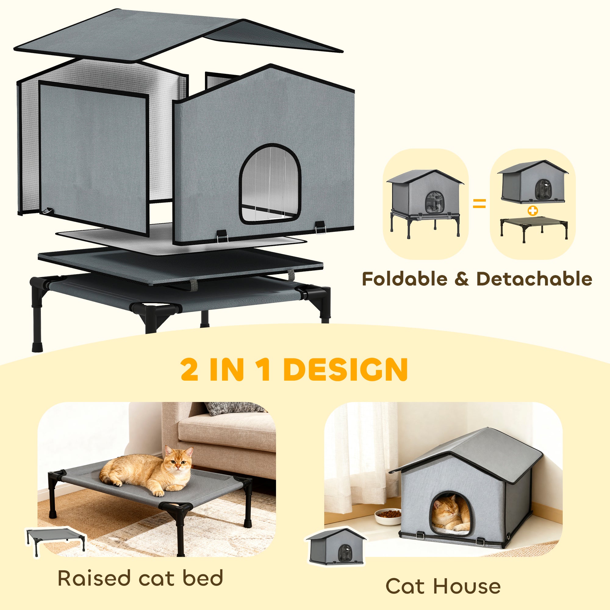Outdoor Cat House, Waterproof Insulated Cat Kennel with Elevated Base, Cushion, Foldable Feral Kitty Shelter for Indoor Outdoor Kittens, Grey