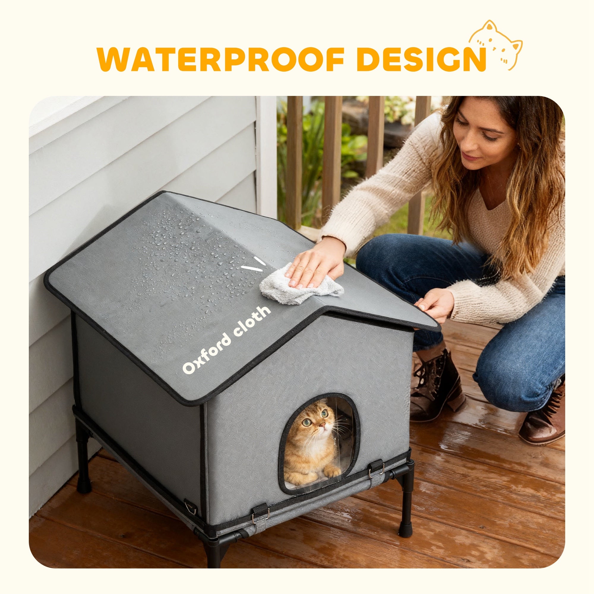 Outdoor Cat House, Waterproof Insulated Cat Kennel with Elevated Base, Cushion, Foldable Feral Kitty Shelter for Indoor Outdoor Kittens, Grey