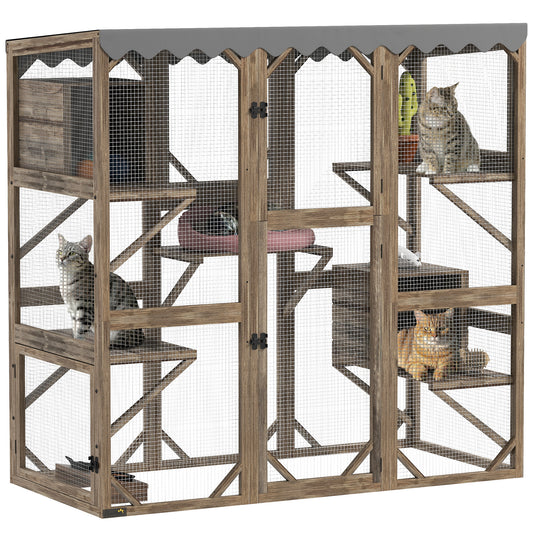 Catio Outdoor Cat Enclosure, Wooden Cat House with Window Access, 5 Platforms and 2 Resting Box, Waterproof Roof, Kitty Cage for Multiple Kittens, 59"H, Brown