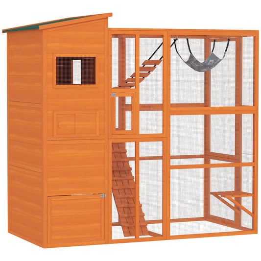 Catio Outdoor Cat Enclosure, 76" L Large Weatherproof Cat House with Cat Condo, Jumping Platforms, Ladder, Ramps, Hammock for 2-3 Indoor Cats, Orange