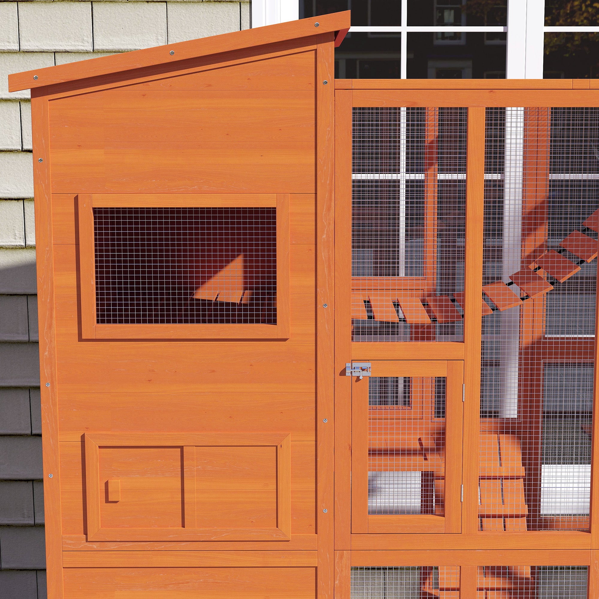 Catio Outdoor Cat Enclosure, 76" L Large Weatherproof Cat House with Cat Condo, Jumping Platforms, Ladder, Ramps, Hammock for 2-3 Indoor Cats, Orange