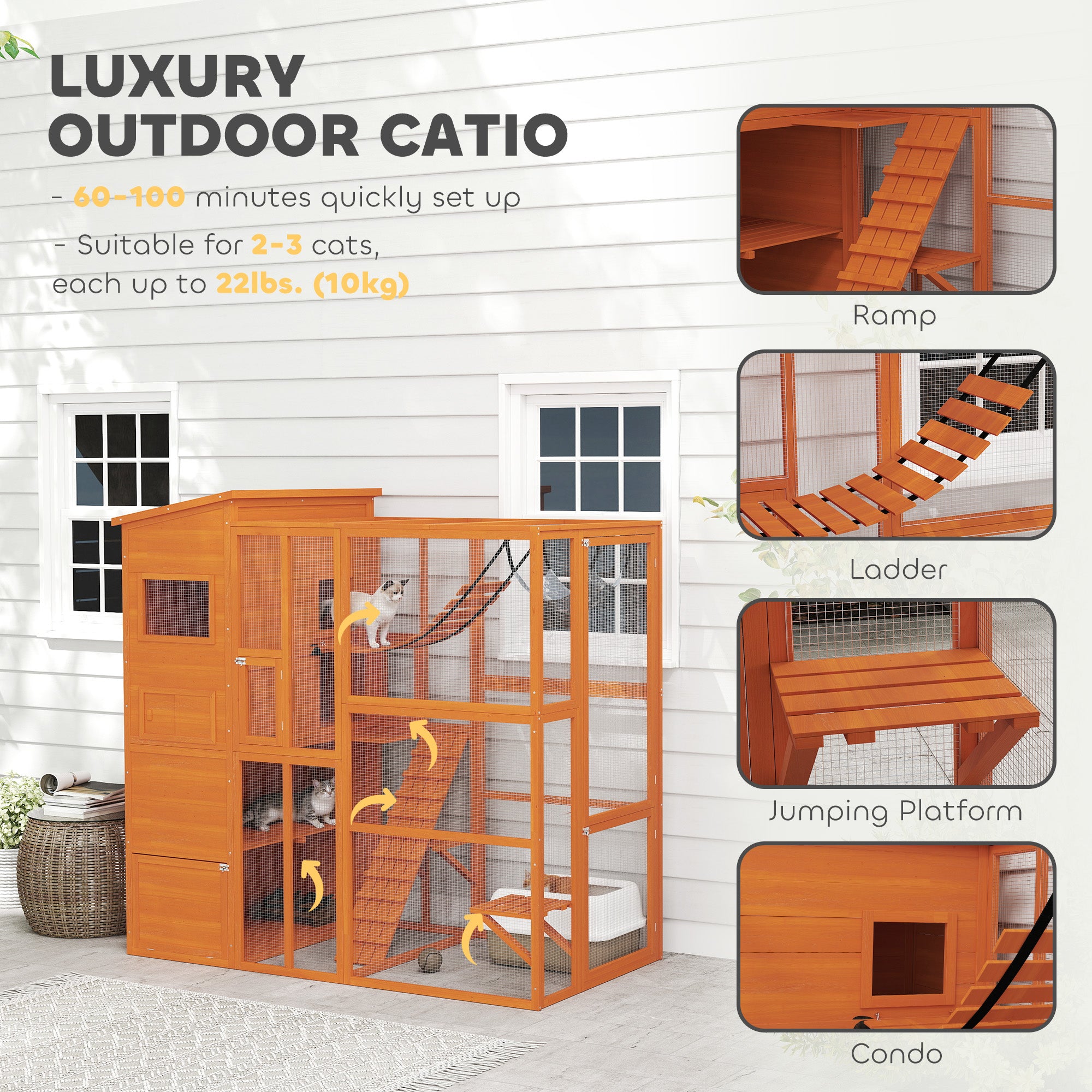 Catio Outdoor Cat Enclosure, 76" L Large Weatherproof Cat House with Cat Condo, Jumping Platforms, Ladder, Ramps, Hammock for 2-3 Indoor Cats, Orange