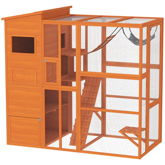 Catio Outdoor Cat Enclosure, 76" L Large Weatherproof Cat House with Cat Condo, Jumping Platforms, Ladder, Ramps, Hammock for 2-3 Indoor Cats, Orange