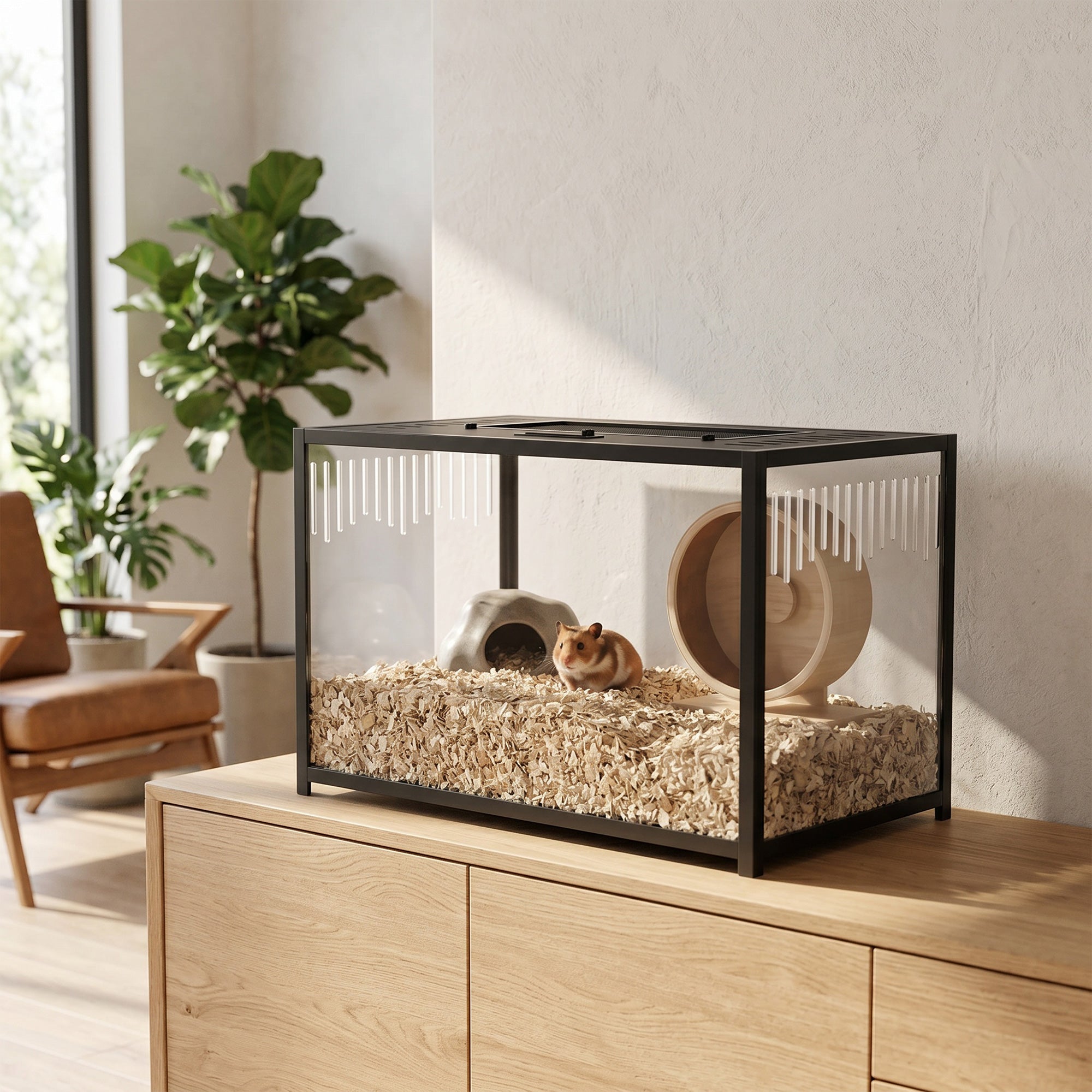 Hamster Cage, Chewproof Metal Rat Cage with Deep Base, Openable Top & Excellent Ventilation, Transparent Small Animal Habitat for Syrian Dwarf Hamster, Gerbil, 80 x 45 x 50.5 cm, Black