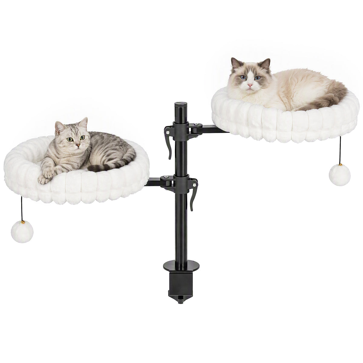 Cat Desk Bed for Indoor, Cat Hammock with 2 Removable Beds, 2 Hanging Balls for Desk, Windows, 360° Rotating & Height Adjustable, Holds Up to 24 lbs, White