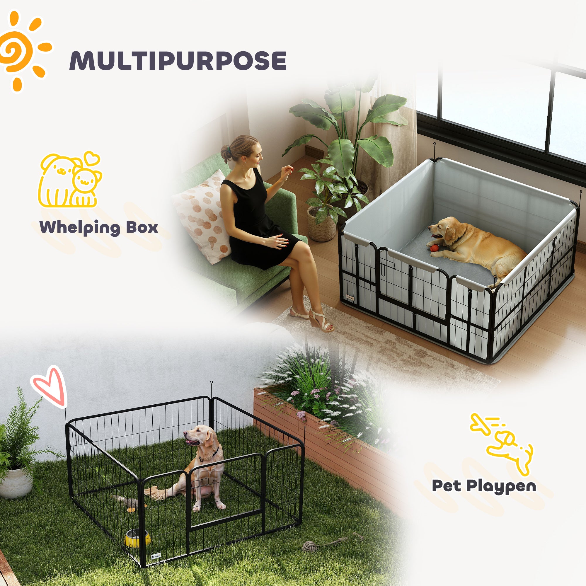 Whelping Box for Dogs and Puppies, 4 Panel Whelping Pen with Washable Whelping Pad, Wind-Resistant Cloth, Lockable Door, Dog Playpen for Small and Medium Breeds, 122 x 122 x 60cm