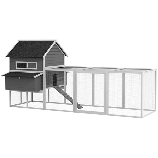 137" Chicken Coop, Wooden Large Hen House with Chicken Run, Nesting Box, Poultry Cage for Outdoor, Backyard, Grey