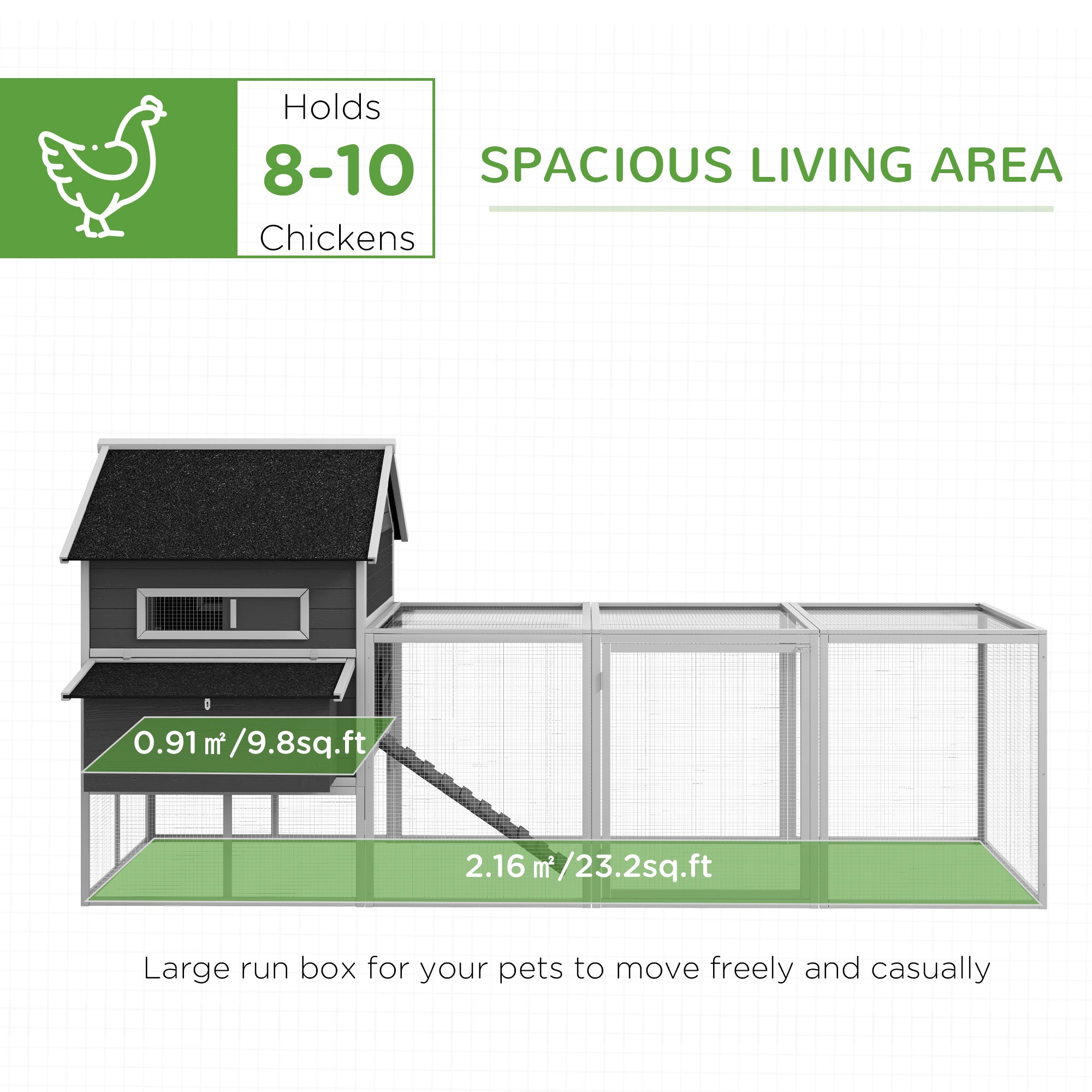 137" Chicken Coop, Wooden Large Hen House with Chicken Run, Nesting Box, Poultry Cage for Outdoor, Backyard, Grey