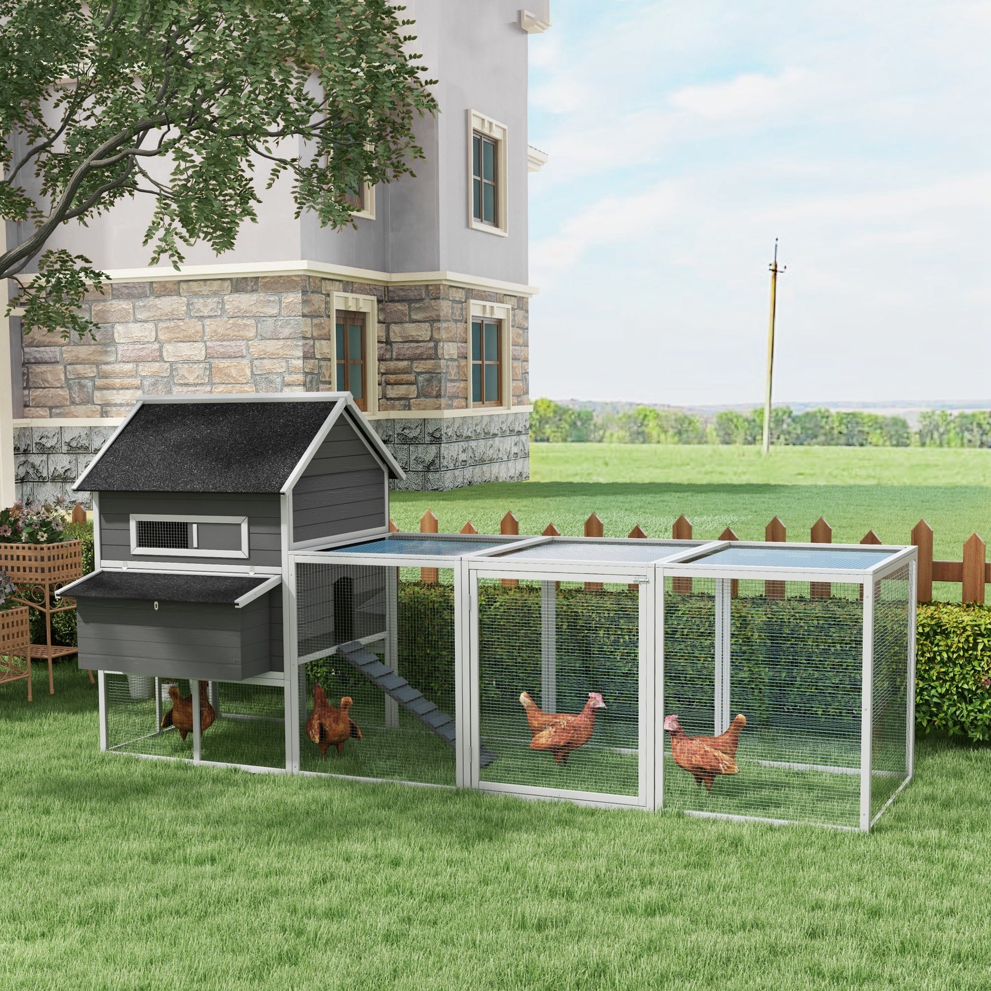 137" Chicken Coop, Wooden Large Hen House with Chicken Run, Nesting Box, Poultry Cage for Outdoor, Backyard, Grey