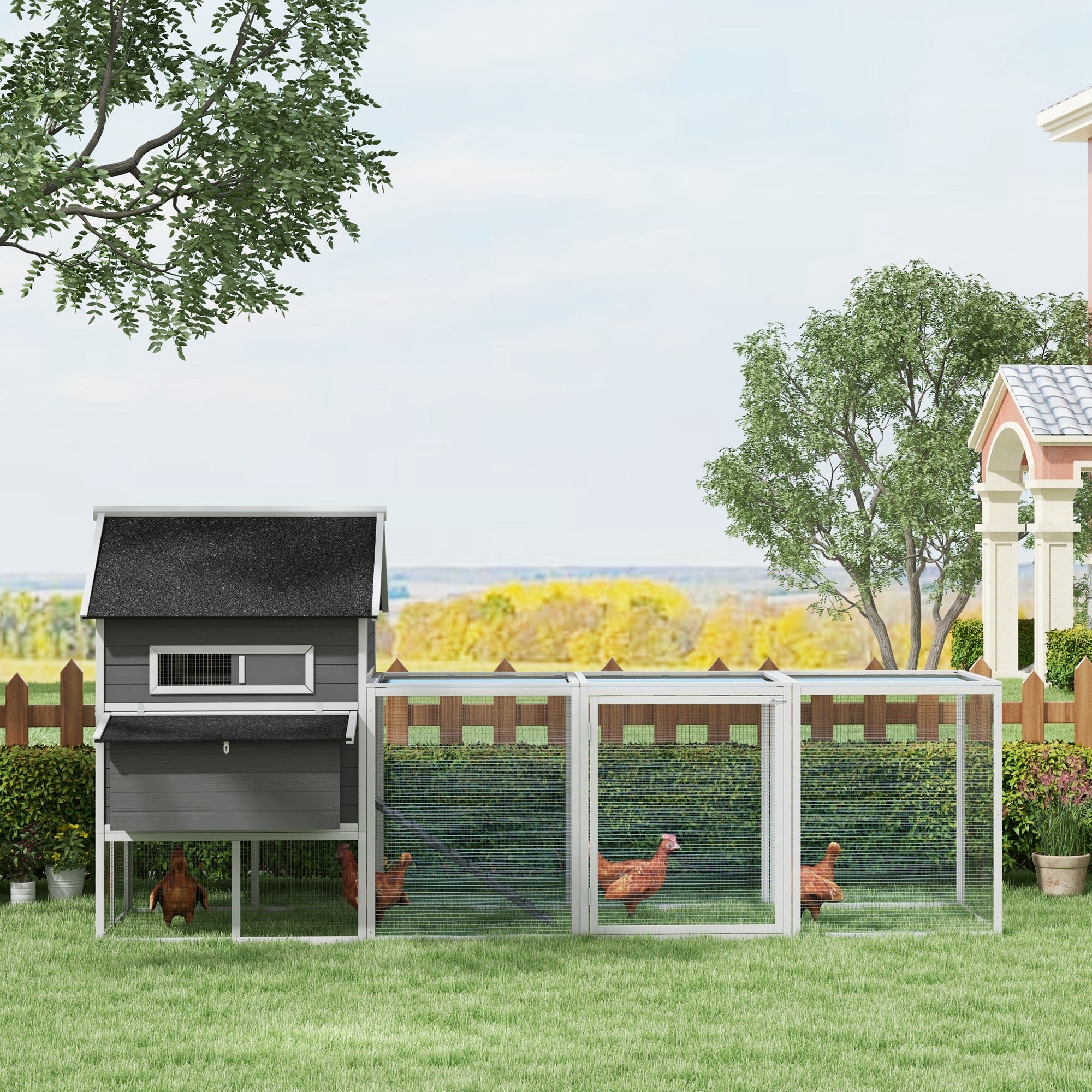 137" Chicken Coop, Wooden Large Hen House with Chicken Run, Nesting Box, Poultry Cage for Outdoor, Backyard, Grey