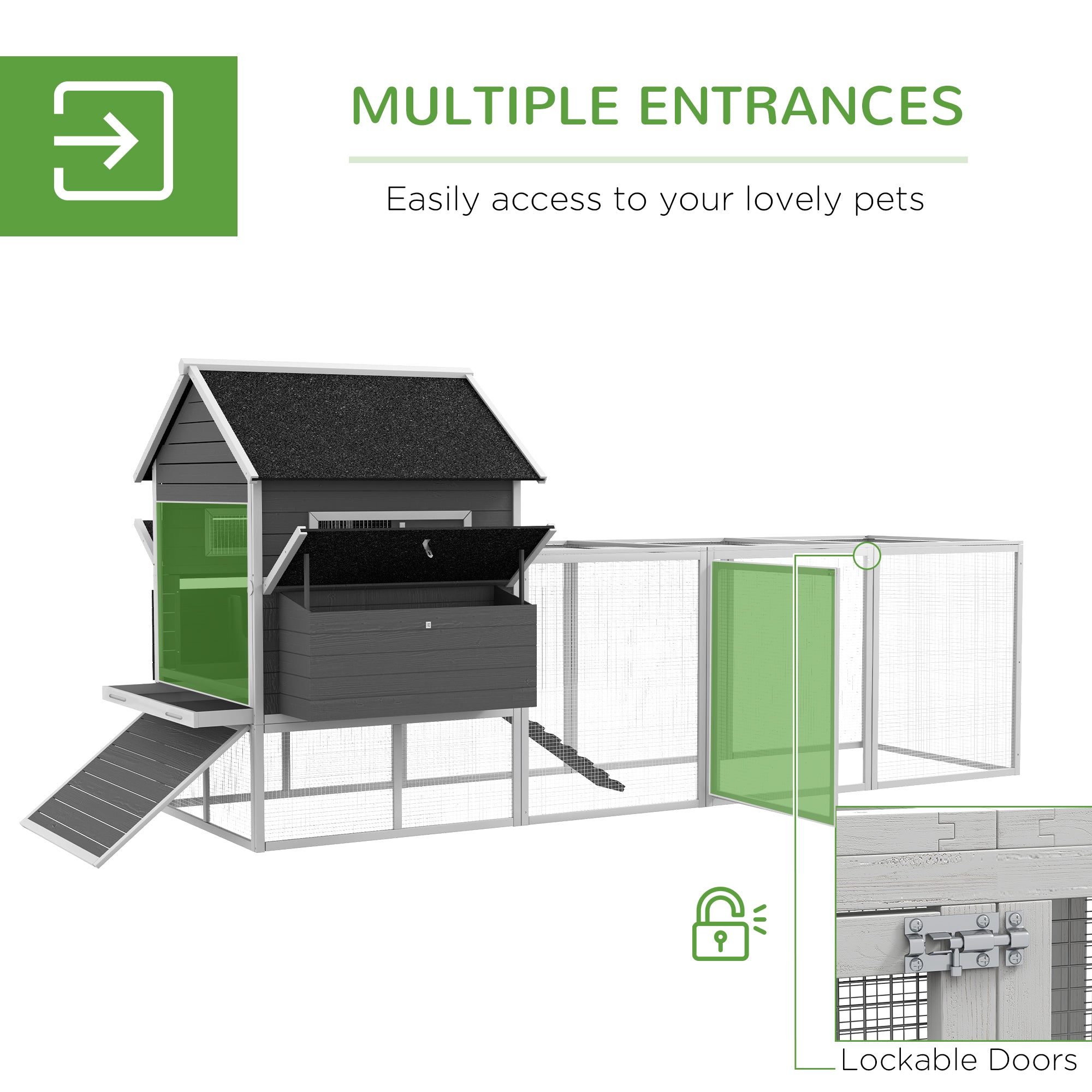 137" Chicken Coop, Wooden Large Hen House with Chicken Run, Nesting Box, Poultry Cage for Outdoor, Backyard, Grey