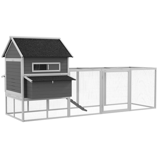 137" Chicken Coop, Wooden Large Hen House with Chicken Run, Nesting Box, Poultry Cage for Outdoor, Backyard, Grey