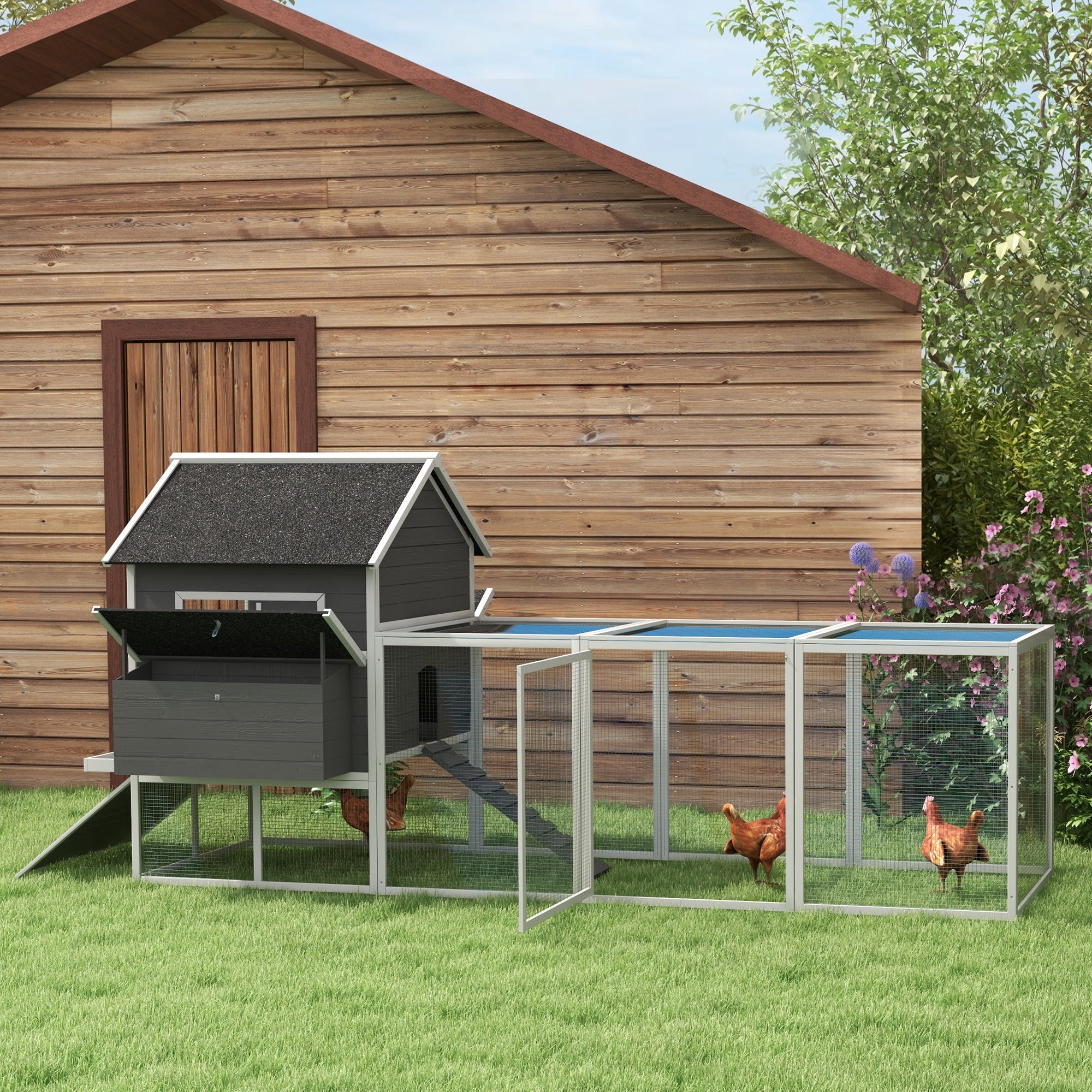137" Chicken Coop, Wooden Large Hen House with Chicken Run, Nesting Box, Poultry Cage for Outdoor, Backyard, Grey