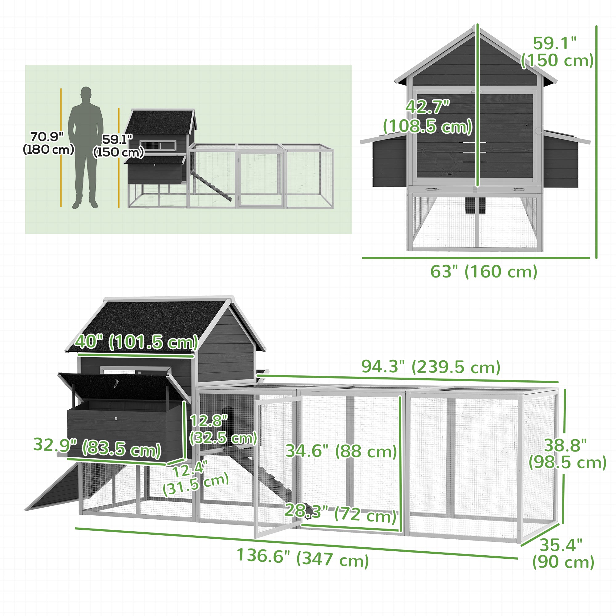 137" Chicken Coop, Wooden Large Hen House with Chicken Run, Nesting Box, Poultry Cage for Outdoor, Backyard, Grey