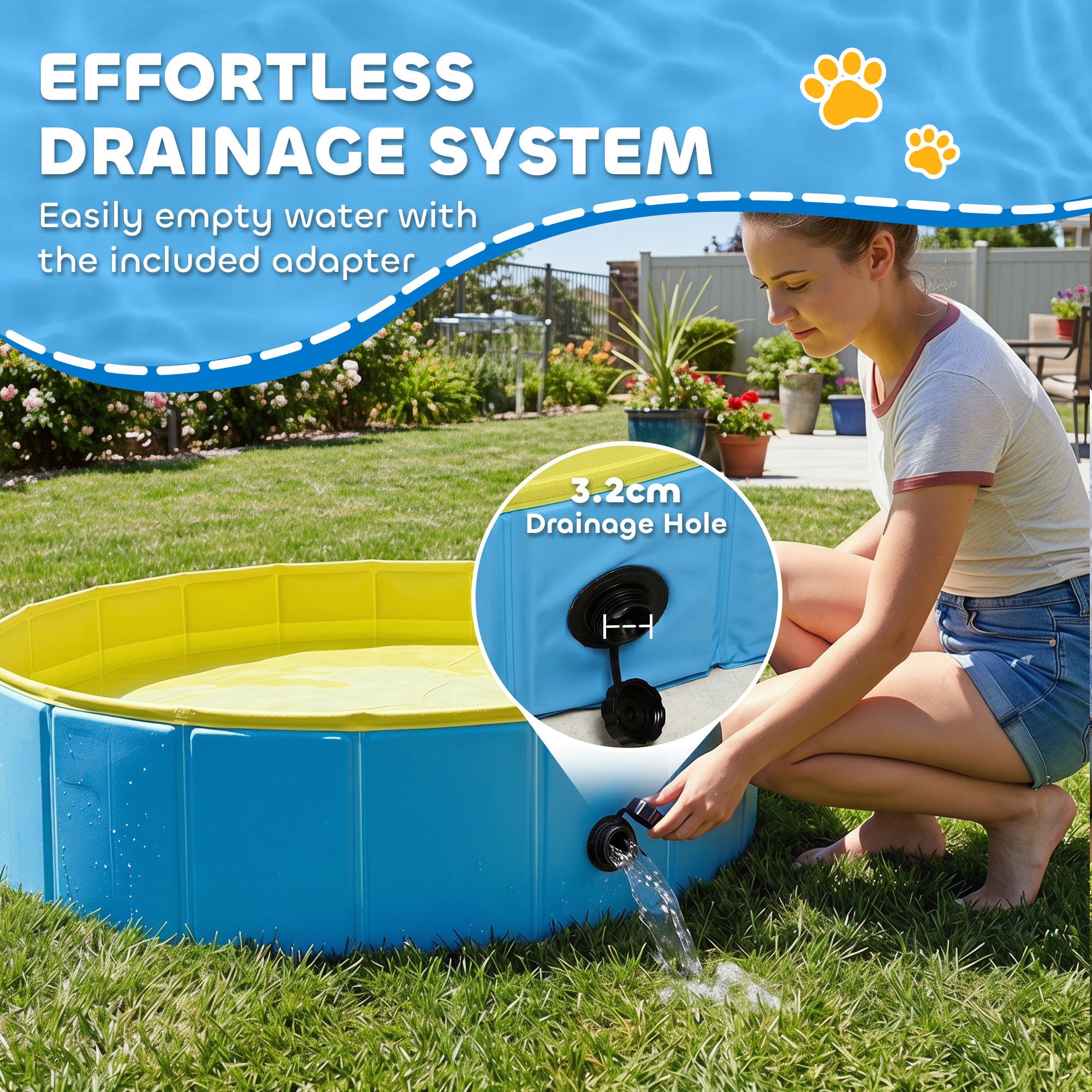 Foldable Dog Pool for Puppies and Ducks, Thickened PVC Dog Paddling Pool Bath Tub Hard Board, Anti-Slip Bottom and Hose Adapter for Easy Drainage, 80 x 20cm, Blue and Yellow