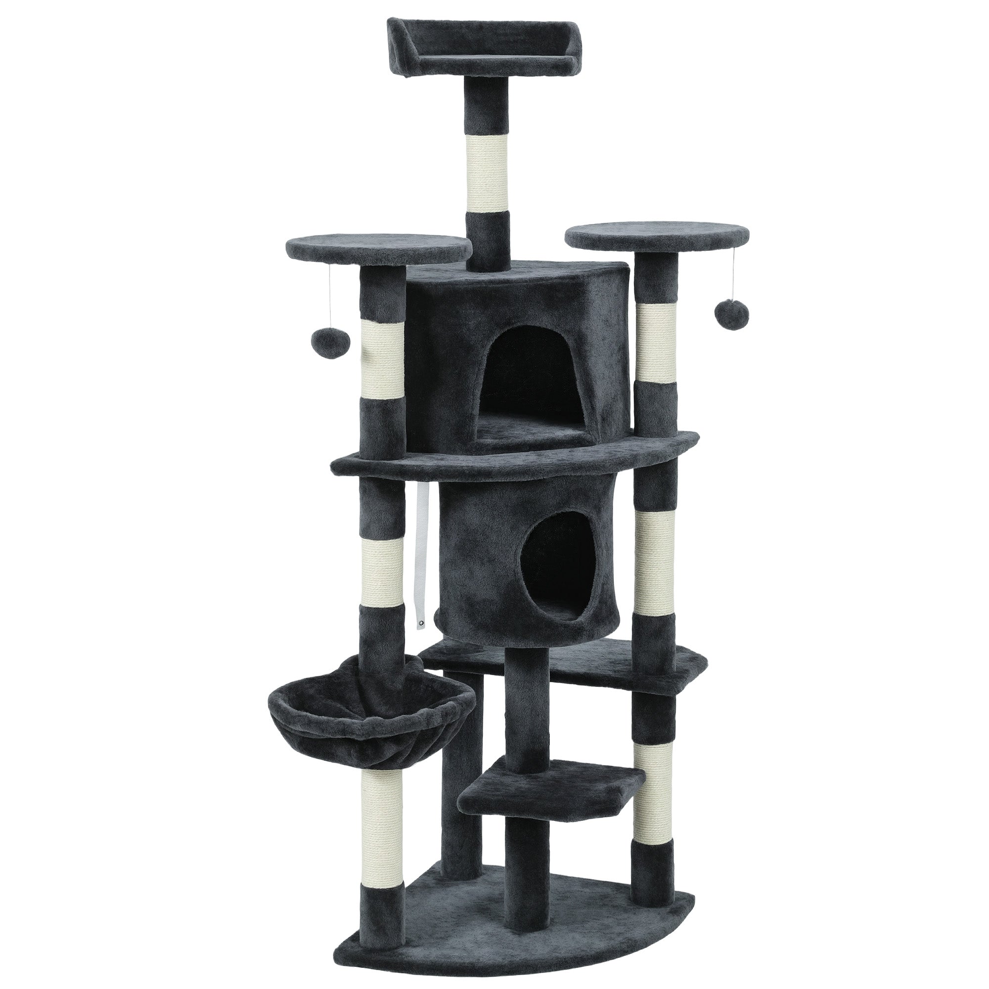 Cat Tree, 62" Multi-Level Cat Tower with Scratching Posts, 2 Condos, Hammock, Perches, Plush, Pompoms, for Indoor Kittens Playing, Resting, Sleeping, Dark Grey