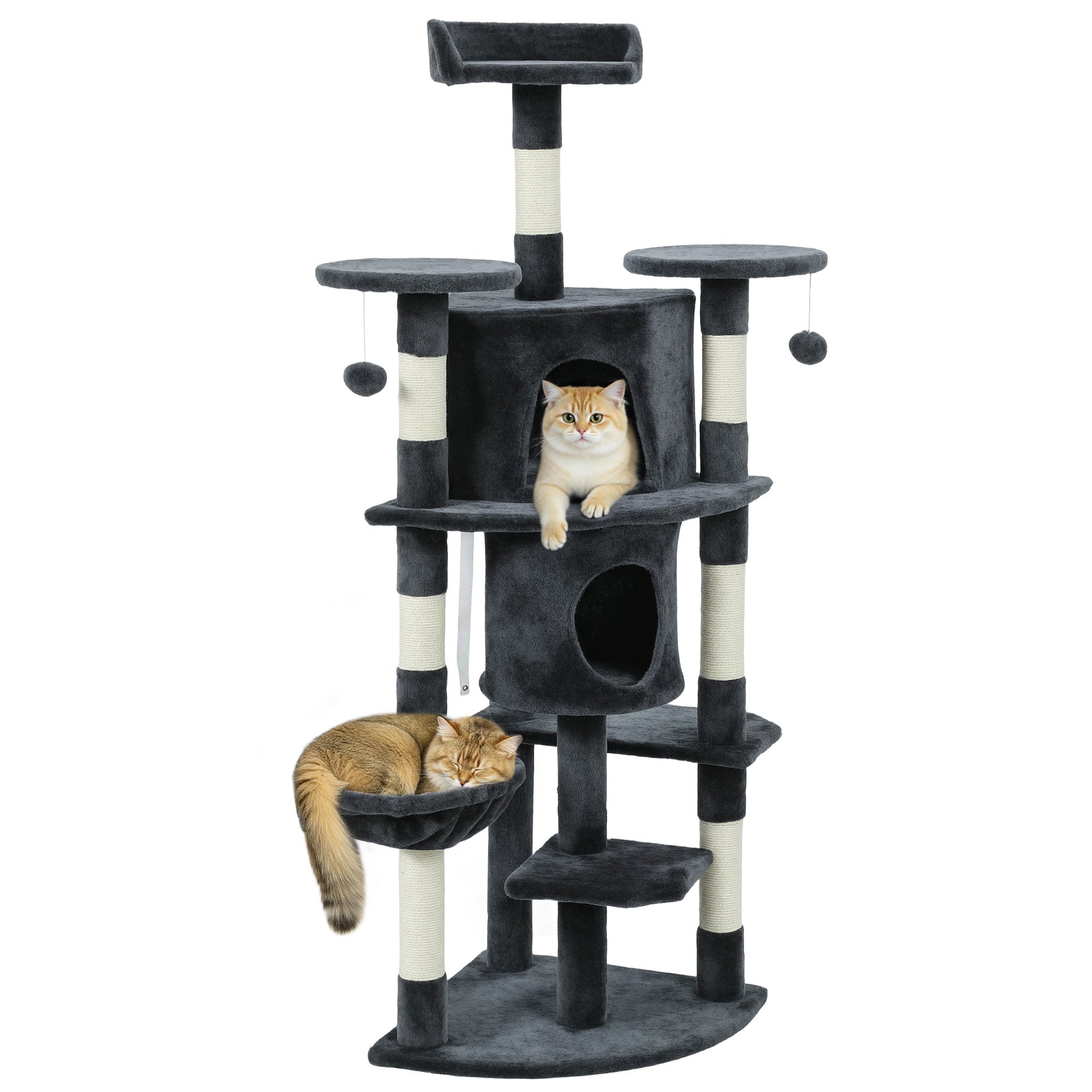 Cat Tree, 62" Multi-Level Cat Tower with Scratching Posts, 2 Condos, Hammock, Perches, Plush, Pompoms, for Indoor Kittens Playing, Resting, Sleeping, Dark Grey