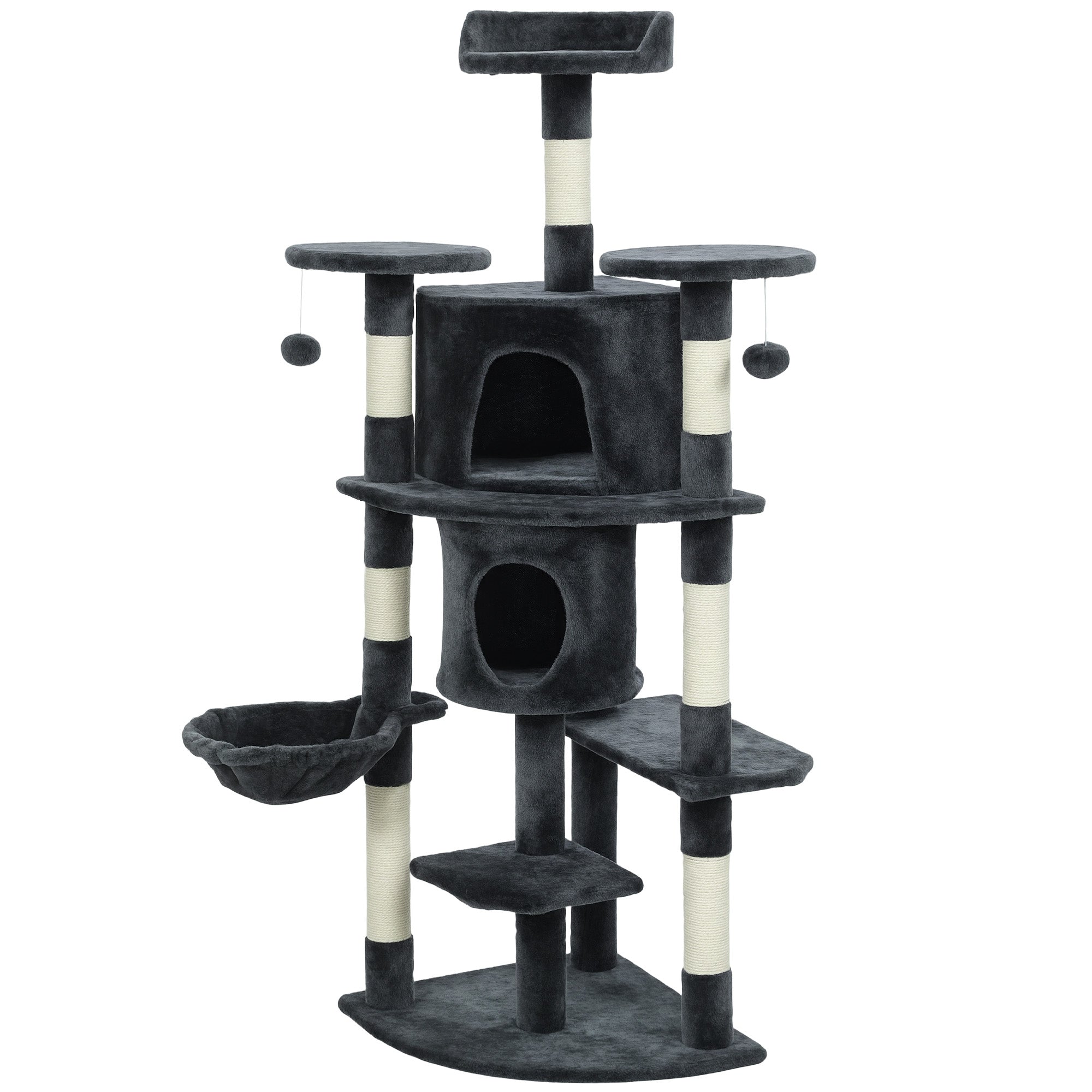 Cat Tree, 62" Multi-Level Cat Tower with Scratching Posts, 2 Condos, Hammock, Perches, Plush, Pompoms, for Indoor Kittens Playing, Resting, Sleeping, Dark Grey