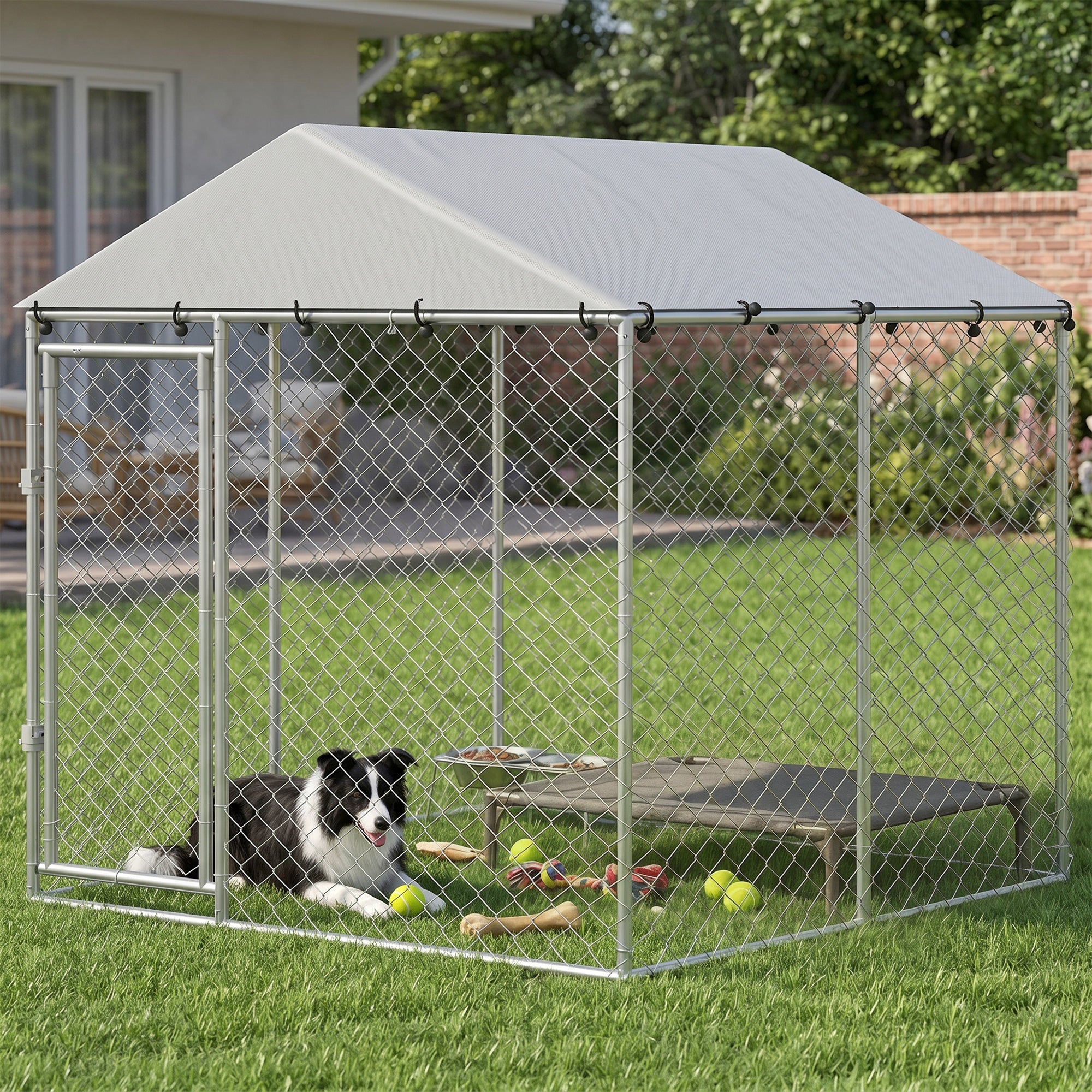 Outdoor Dog Kennel Dog Run with Water and UV Resistant Cover for Small and Medium Sized Pets, 6.6' x 6.6' x 6.6', Silver
