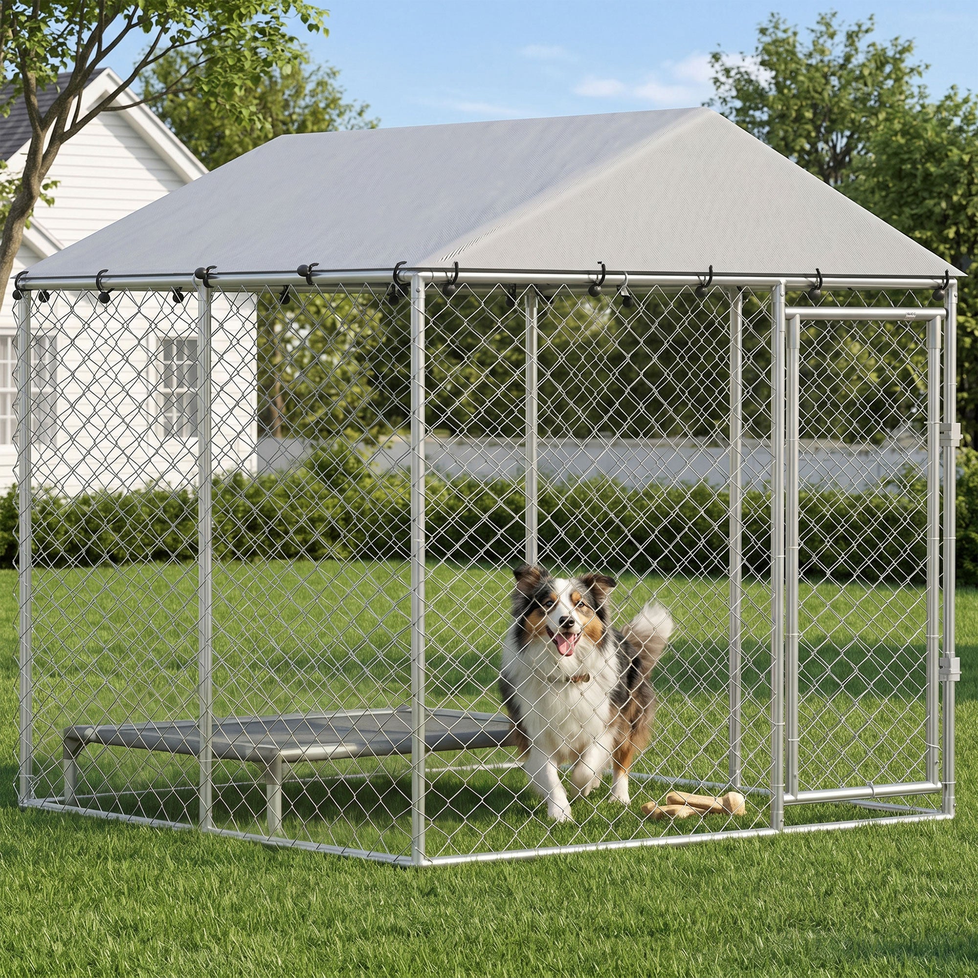 Outdoor Dog Kennel Dog Run with Water and UV Resistant Cover for Small and Medium Sized Pets, 6.6' x 6.6' x 6.6', Silver