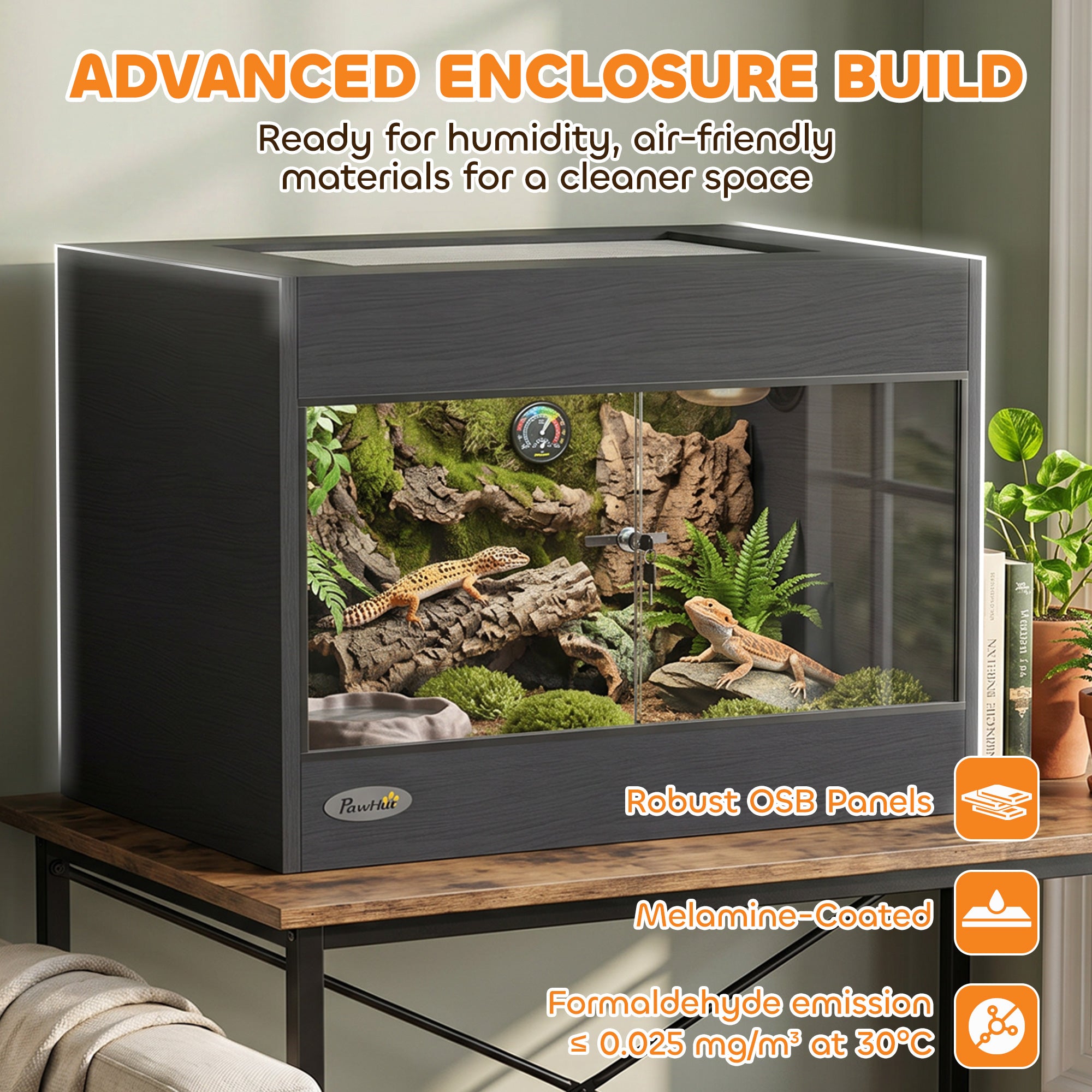 Reptile Terrarium, High-Strength Reptile Vivarium with Sliding Glass Doors, Secure Lock and Top Ventilation, Tarantula Enclosure for Bearded Dragon, Snake and Gecko, 60 x 45 x 45 cm, Black