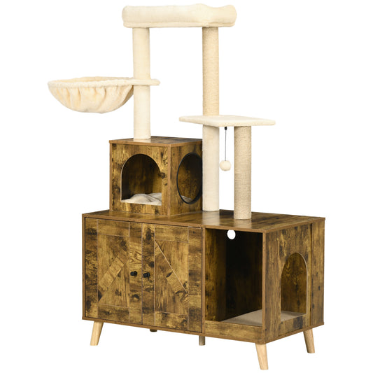 Litter Box Enclosure with Cat Tree Tower, Hidden Cat Washroom Furniture with Condo, Scratching Posts, Large Platform, Hammock and Soft Cushion, Rustic Brown