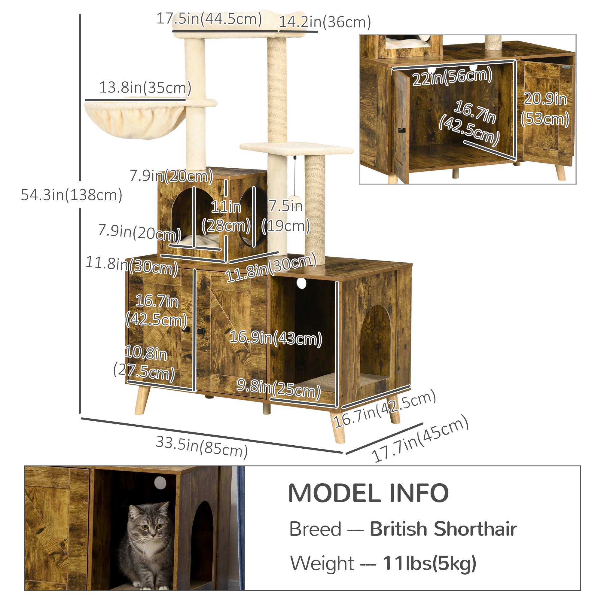 Litter Box Enclosure with Cat Tree Tower, Hidden Cat Washroom Furniture with Condo, Scratching Posts, Large Platform, Hammock and Soft Cushion, Rustic Brown