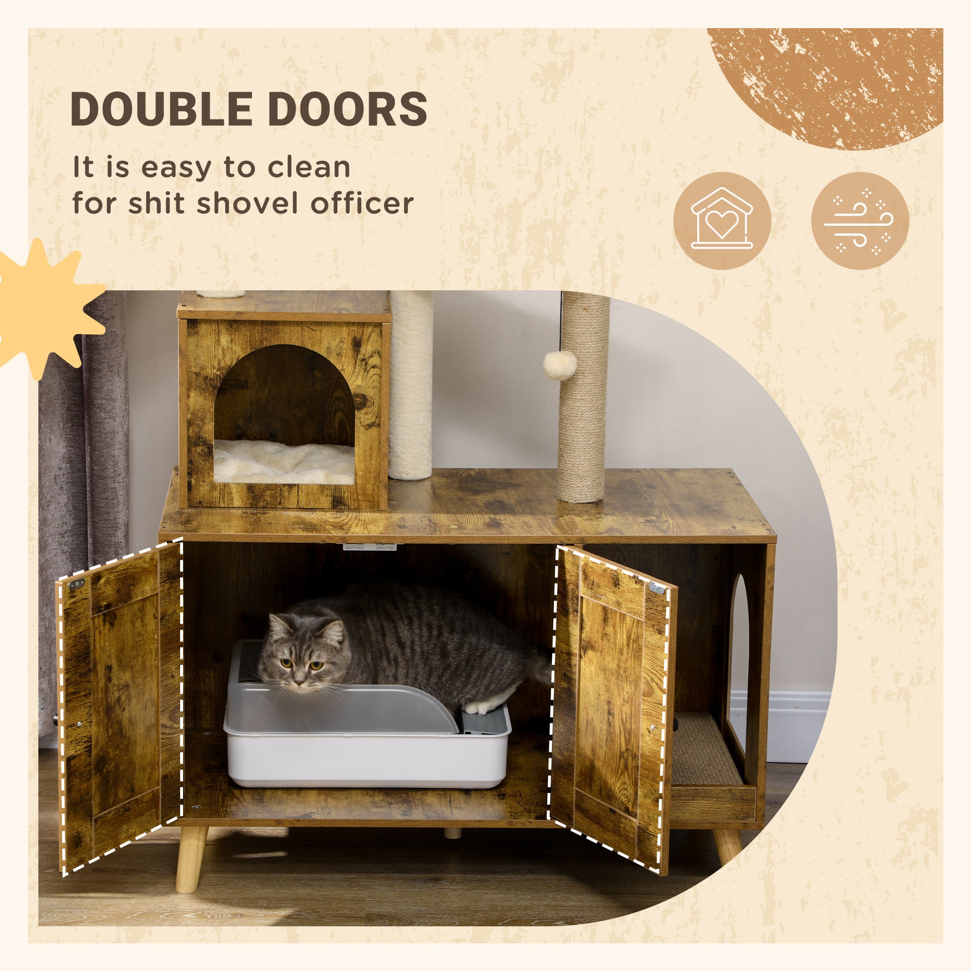 Litter Box Enclosure with Cat Tree Tower, Hidden Cat Washroom Furniture with Condo, Scratching Posts, Large Platform, Hammock and Soft Cushion, Rustic Brown