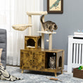 Load image into Gallery viewer, Litter Box Enclosure with Cat Tree Tower, Hidden Cat Washroom Furniture with Condo, Scratching Posts, Large Platform, Hammock and Soft Cushion, Rustic Brown
