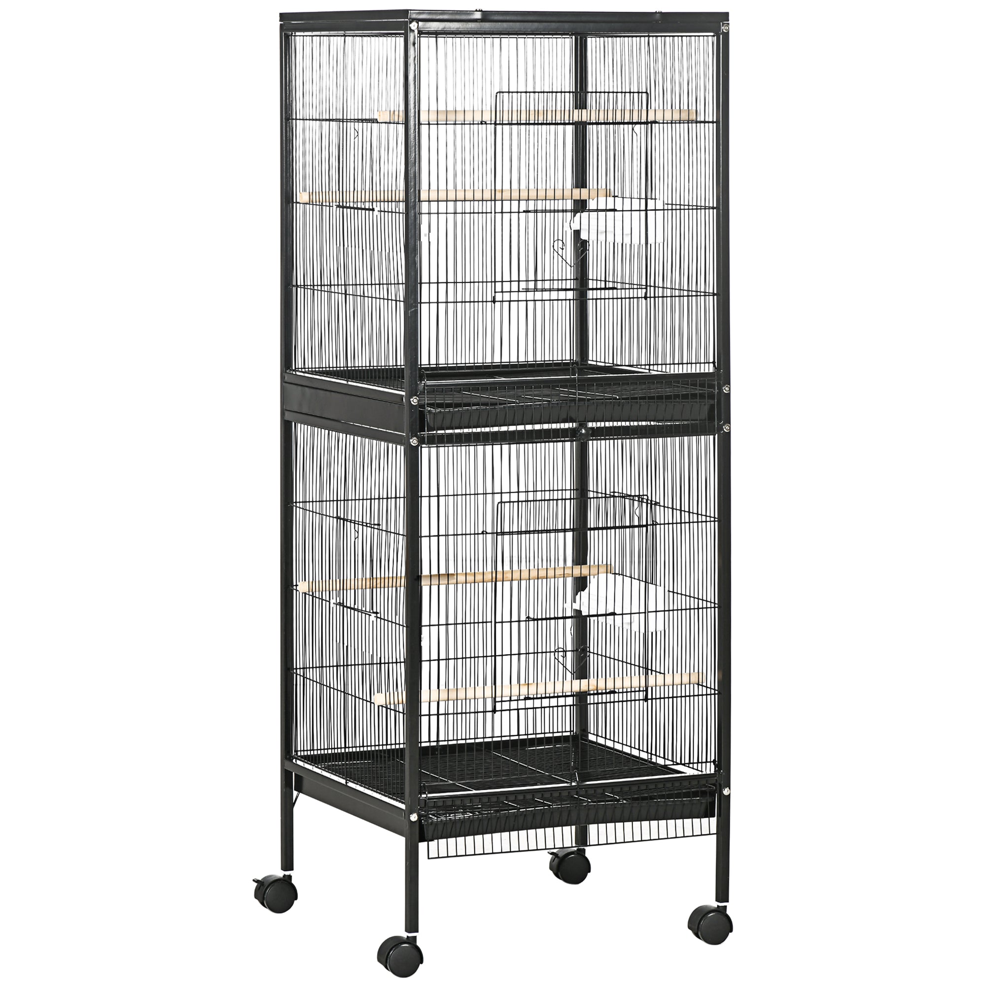 55.1" 2 In 1 Bird Cage Aviary Parakeet House for finches, budgies with Wheels, Slide-out Trays, Wood Perch, Food Containers, Black